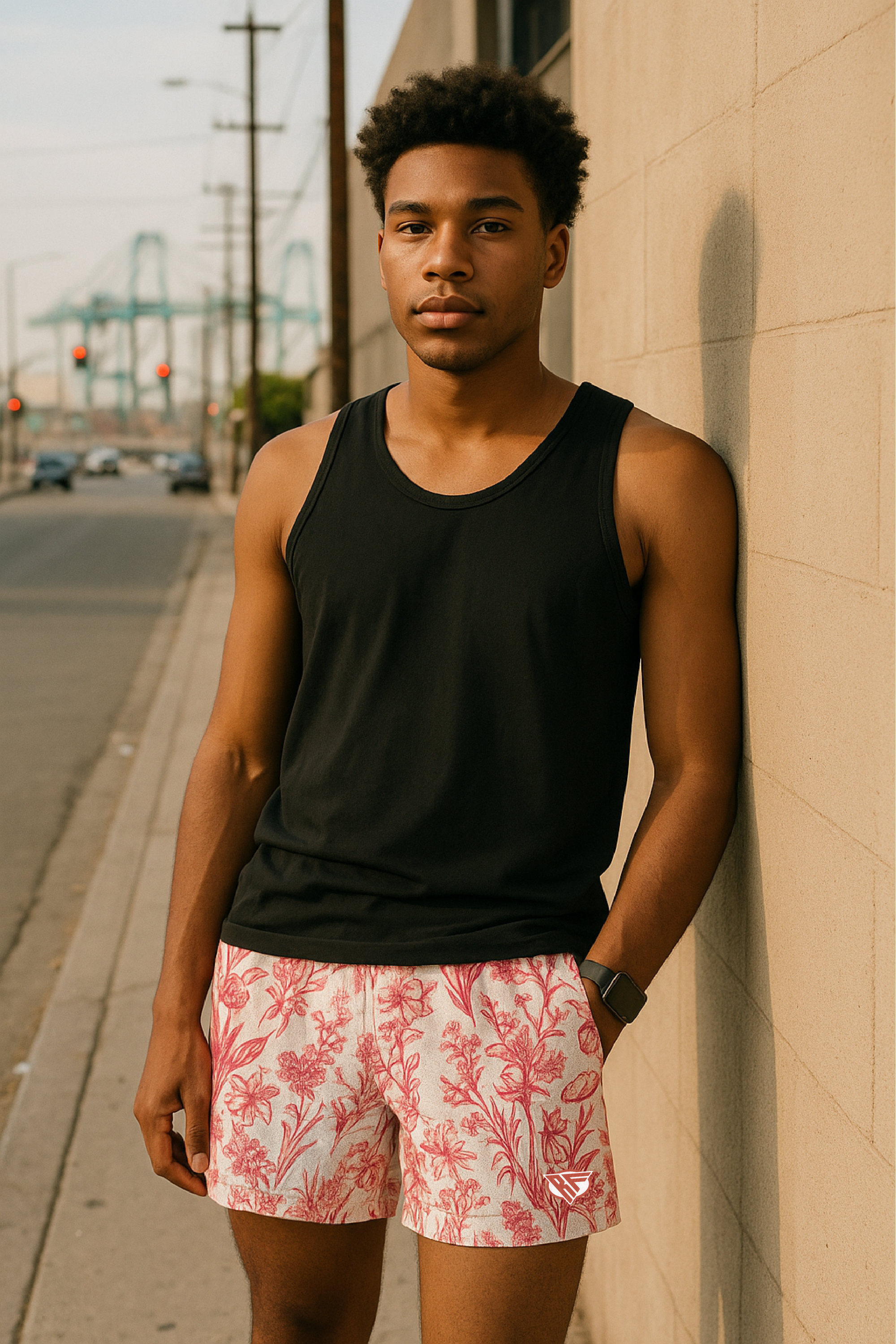 RF Wear Men's Mesh Floral Porcelain Shorts - White/ Fuchsia - Model Front View