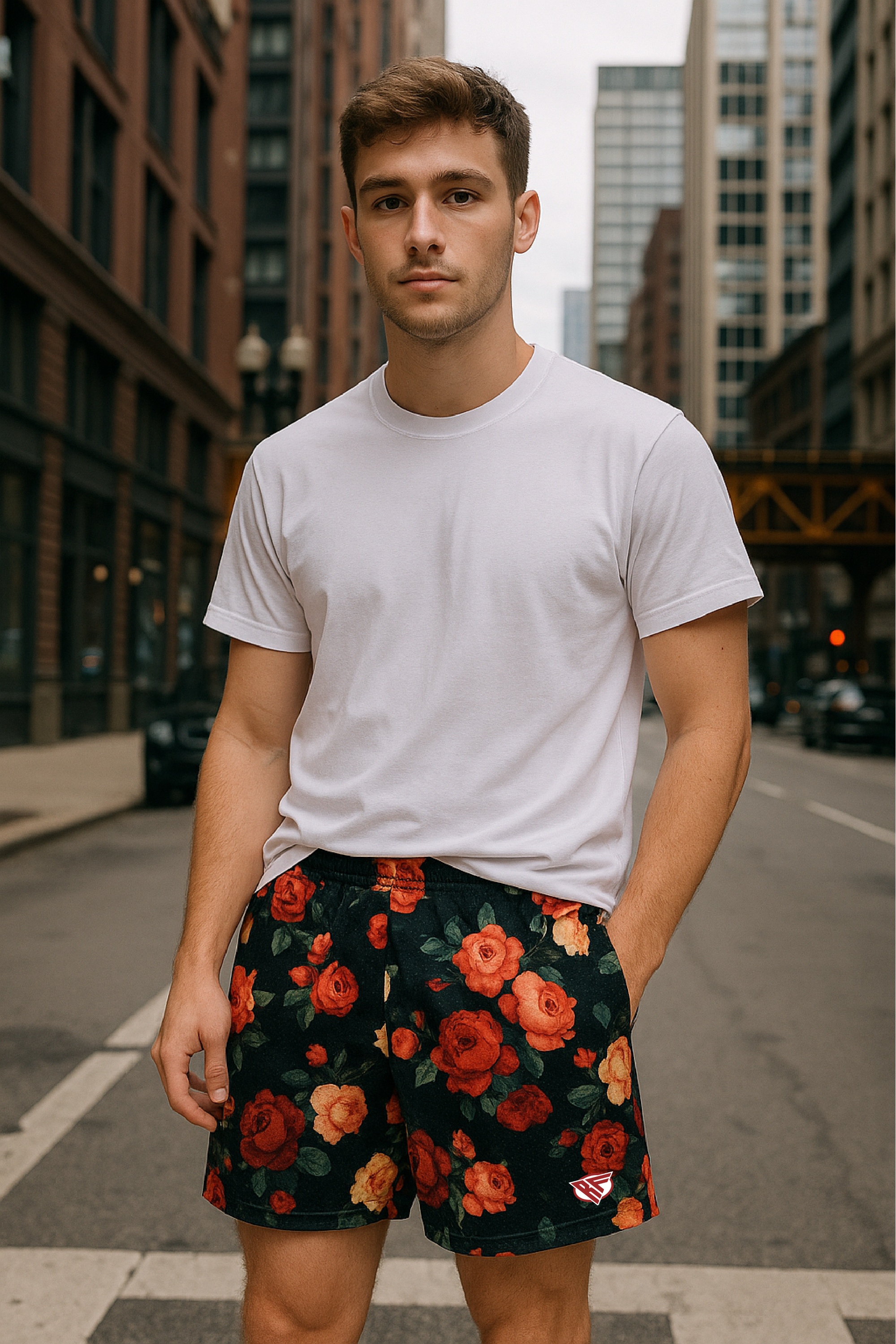 RF Wear Men&#39;s Mesh Floral Shorts - Black/Red/Peach - Model Front View