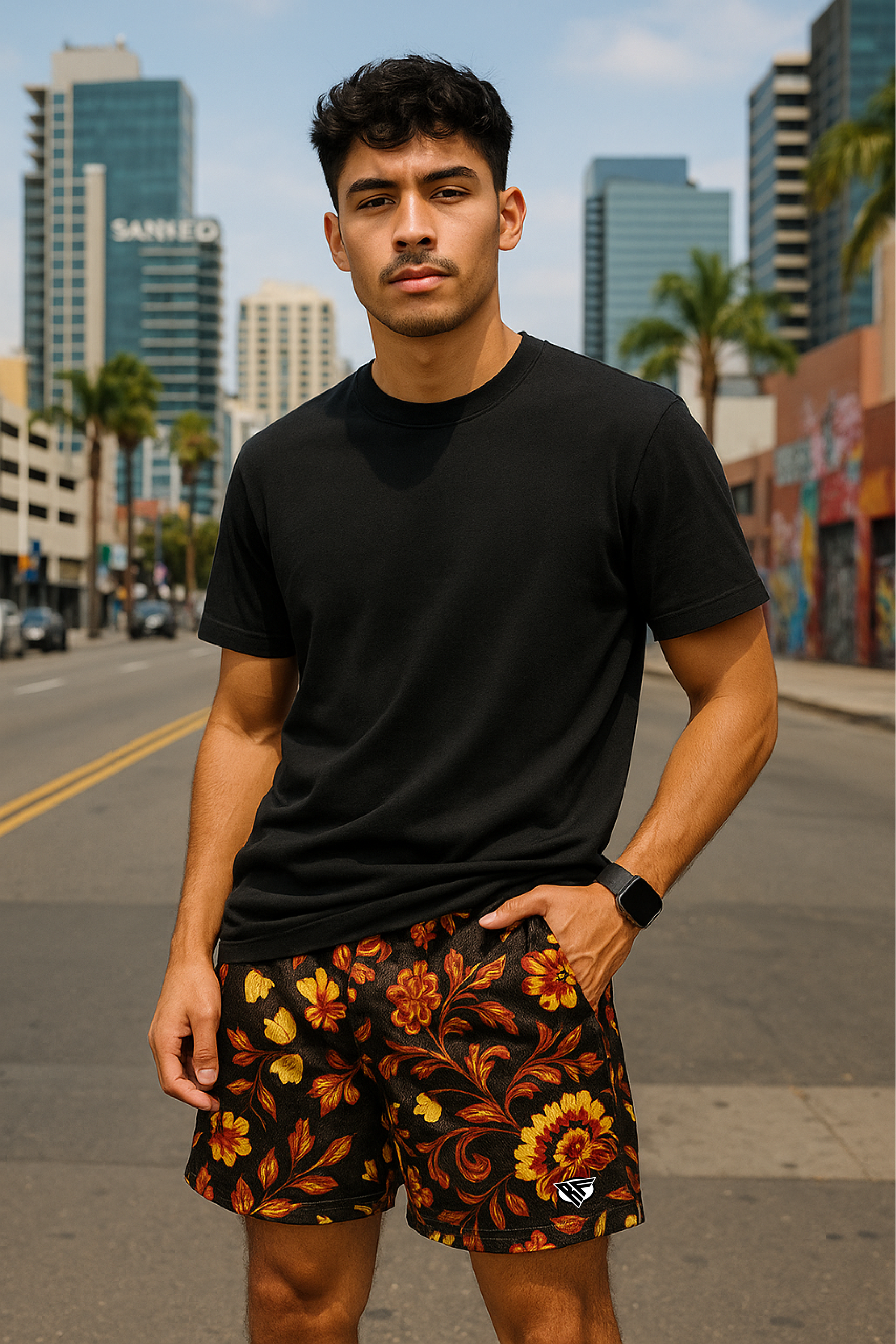 RF Wear Men&#39;s Mesh Floral 2.0 Shorts - Black/Orange/Yellow - Model Front View