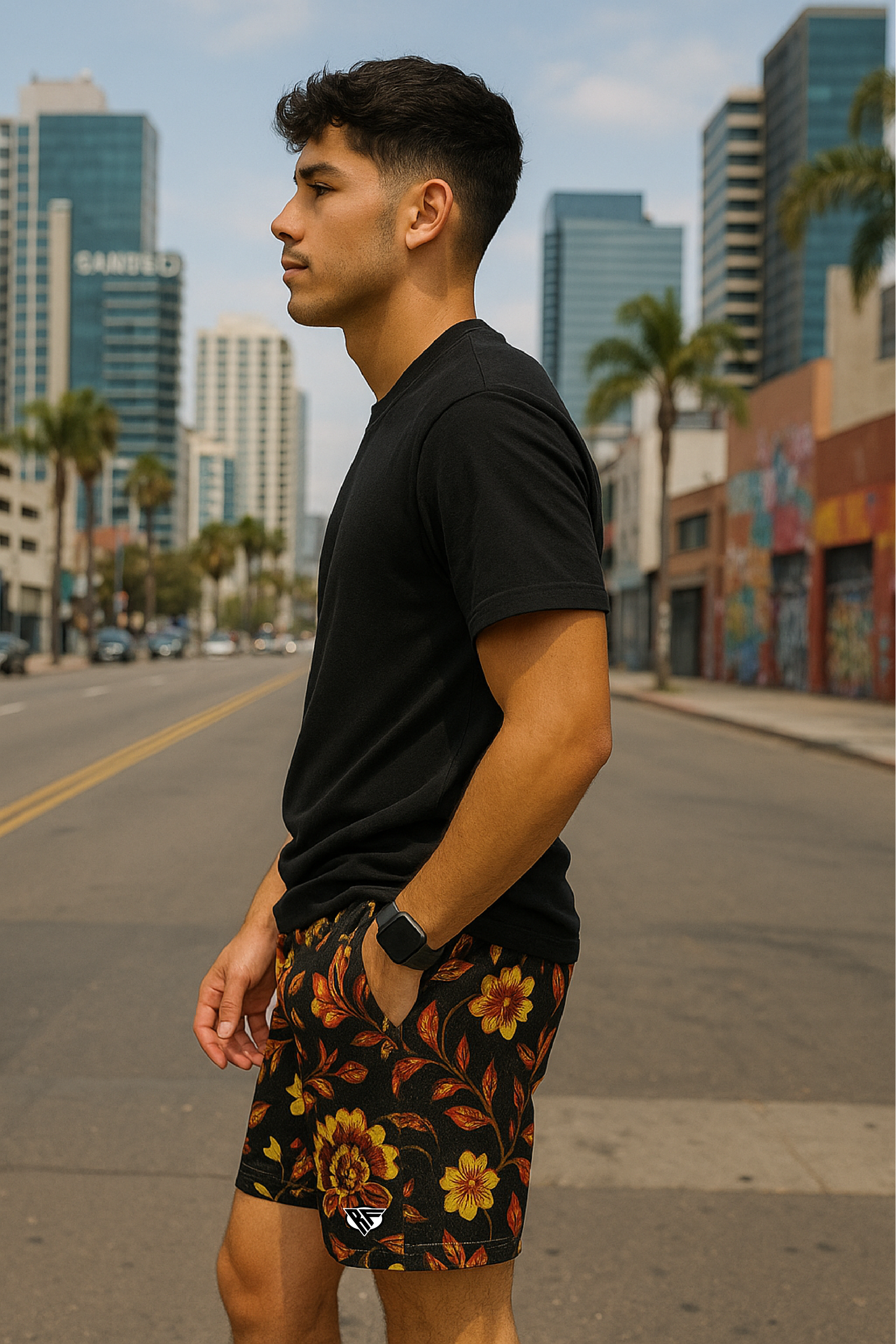 RF Wear Men&#39;s Mesh Floral 2.0 Shorts - Black/Orange/Yellow - Model Side View