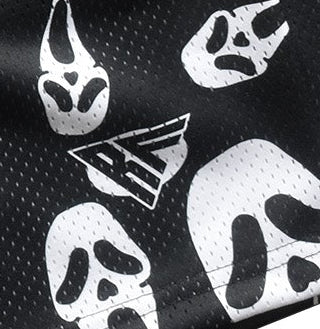 Close-up of RF-Men's Mesh Ghost Shorts in Black/White with RF logo