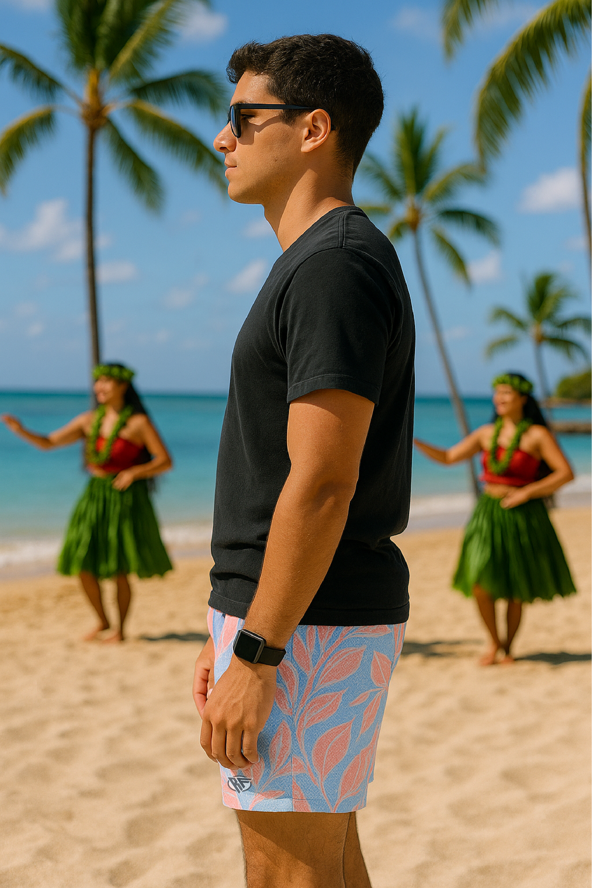 RF Wear Men's Mesh Hawaii Shorts - Blue/Pink - Model Side View