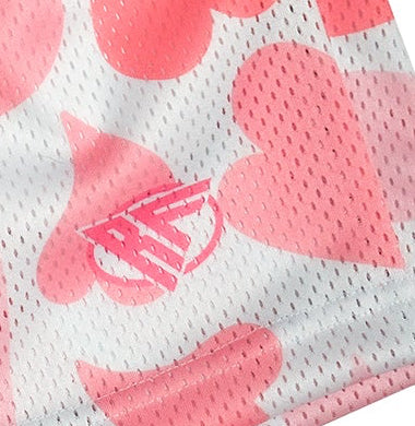 Close-up of RF-Wear Men's Mesh Heart Shorts - White/Pink with RF logo