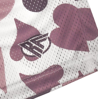 Close-up of RF-Wear Men's Mesh Heart Shorts - White/Purple with RF Logo