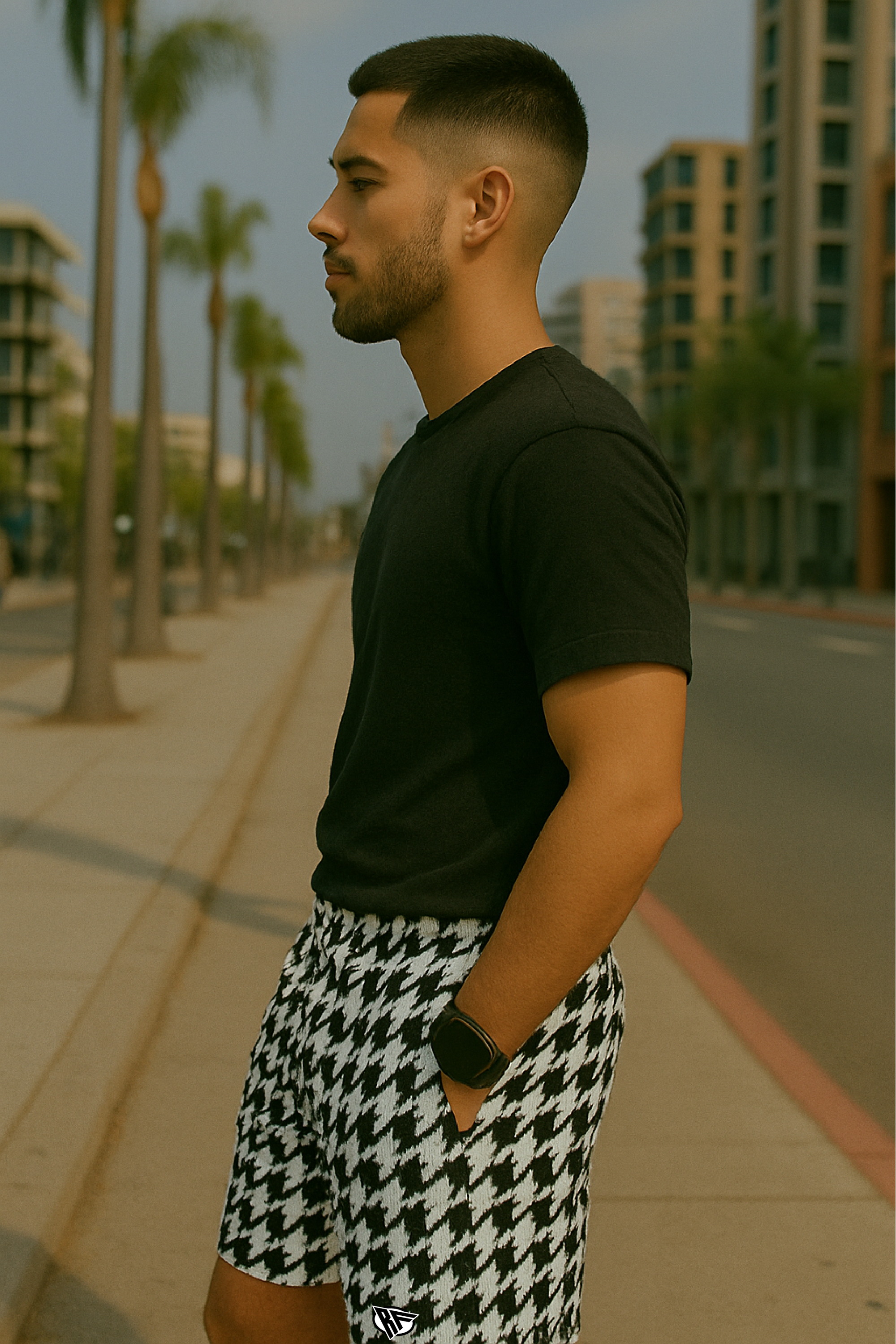RF Wear Men&#39;s Mesh Houndstooth Shorts - Black/White - Model Side View