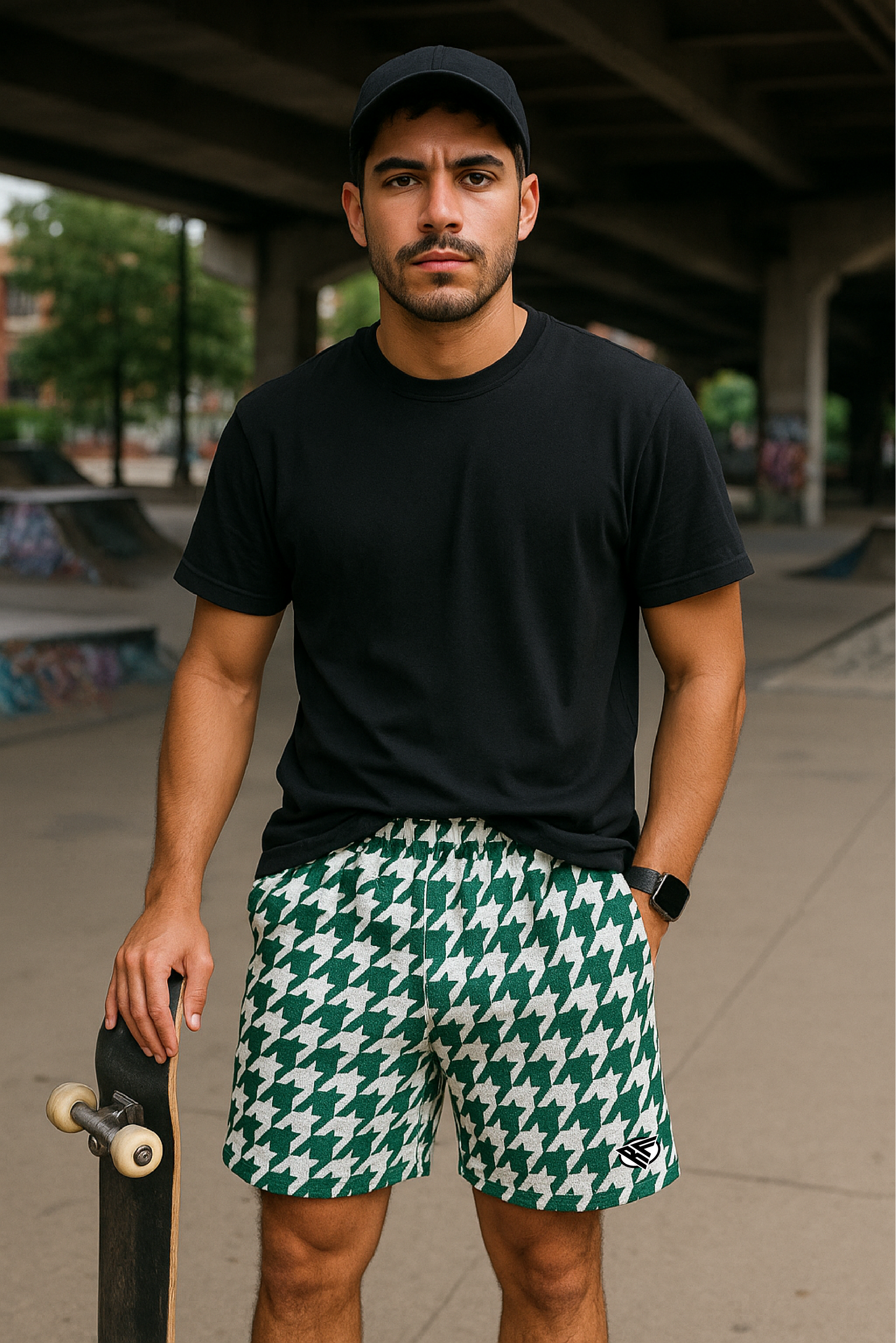 RF Wear Men's Mesh Houndstooth Shorts - Green/White - Model Front View