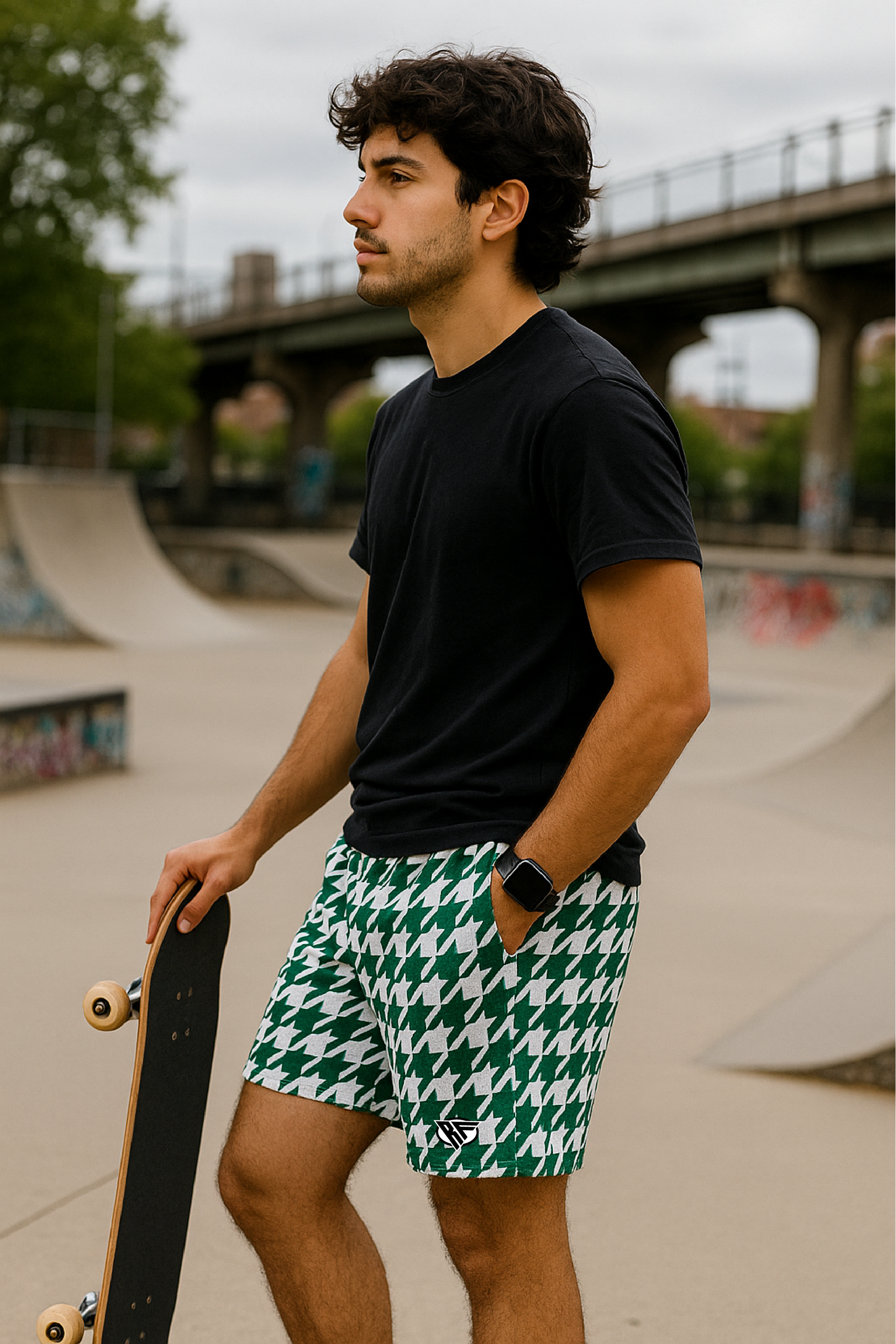 RF Wear Men's Mesh Houndstooth Shorts - Green/White - Model Side View