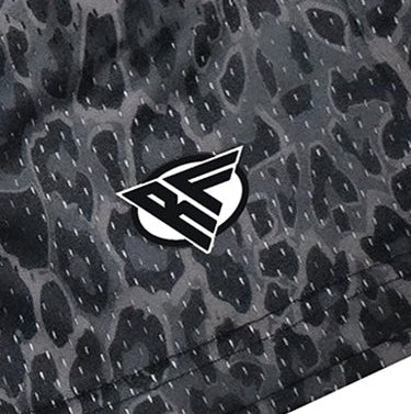 Close-up of RF-Wear Men's Mesh Leopard Shorts in Black/Grey with RF logo