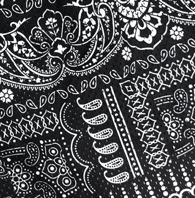 Close-up of RF-Wear mesh mismatch bandana Shorts in Black.