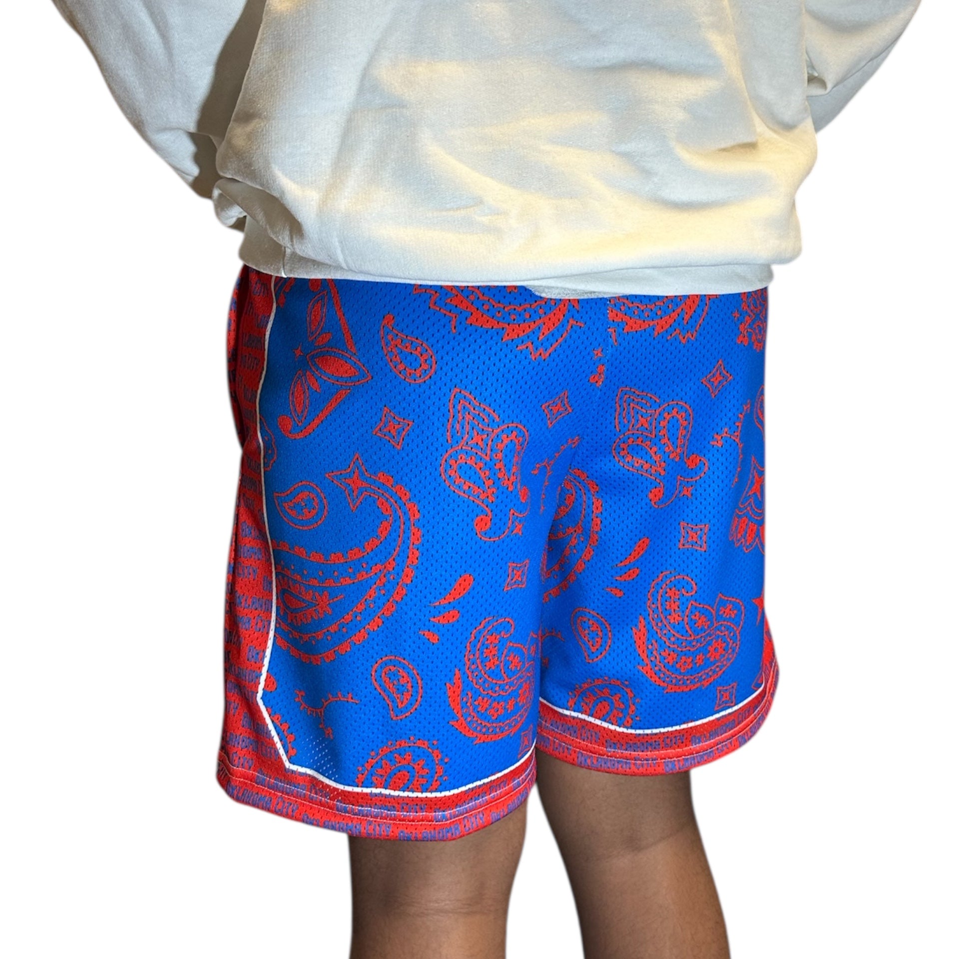 RF Wear Men&#39;s Mesh Oklahoma City Paisley Basketball Shorts - Blue/Red - Model Back View
