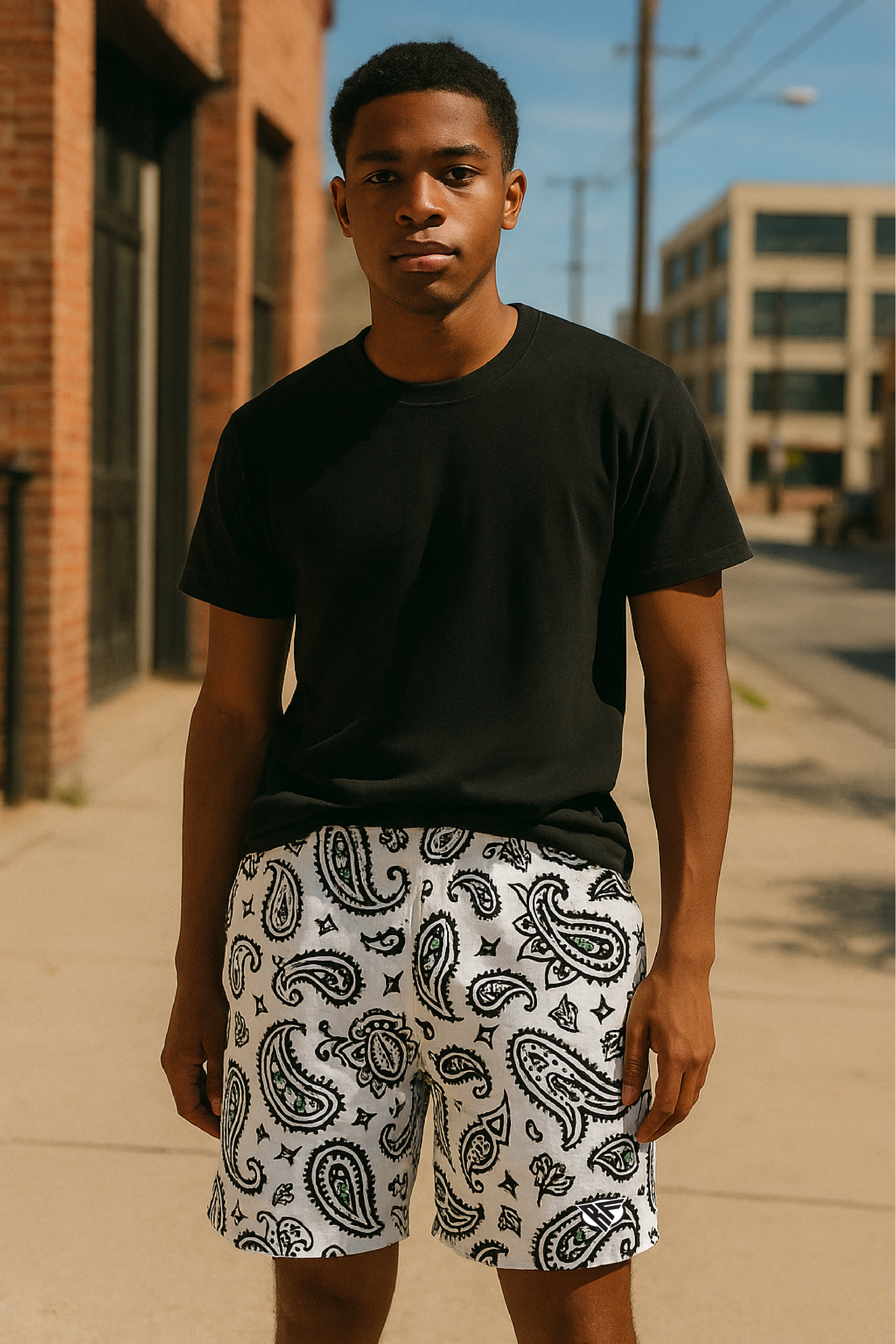 RF Wear Mesh Paisley Shorts - White/Black - Model Front View