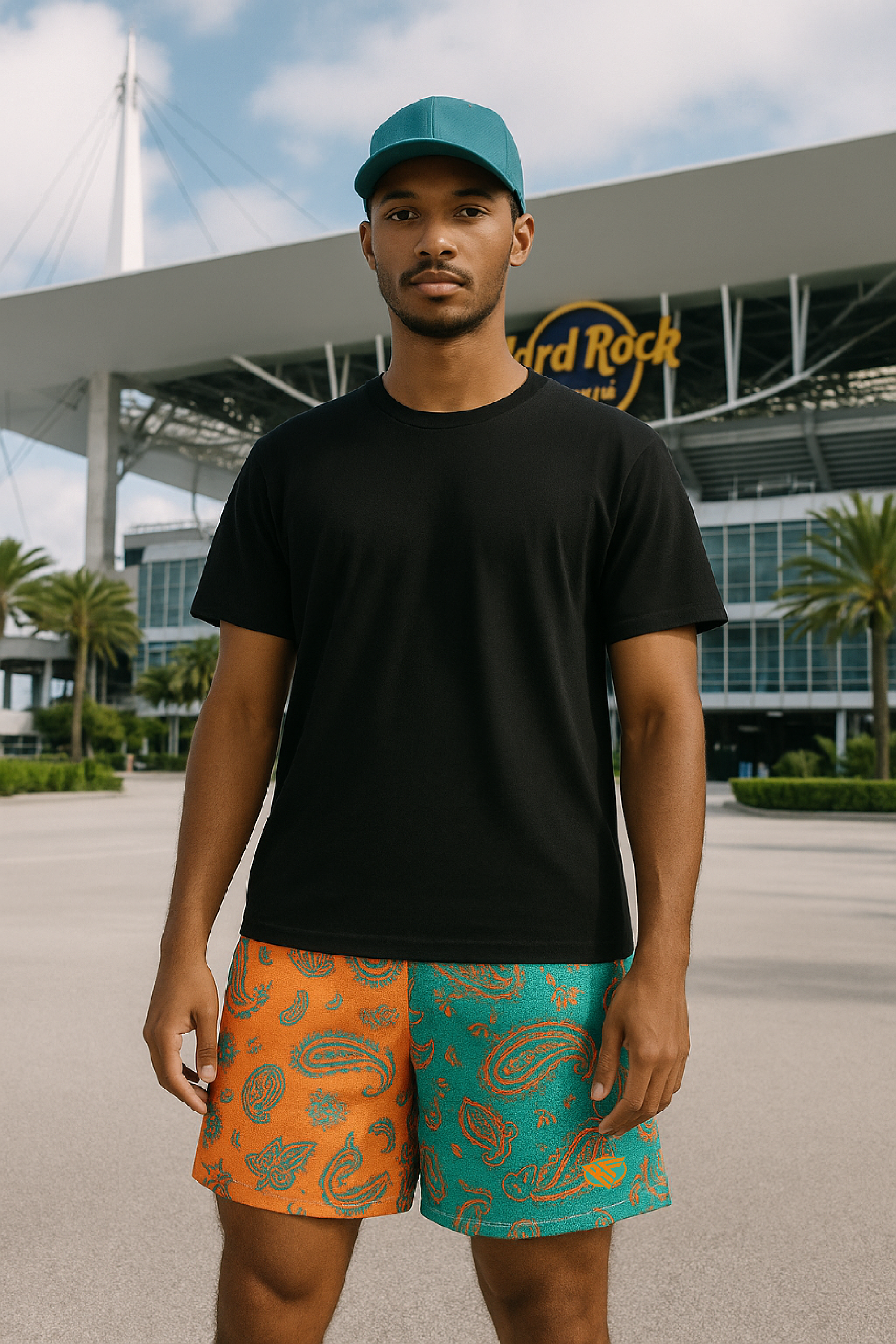 RF Wear Mesh Split Paisley Shorts - Aqua/Orange - Front