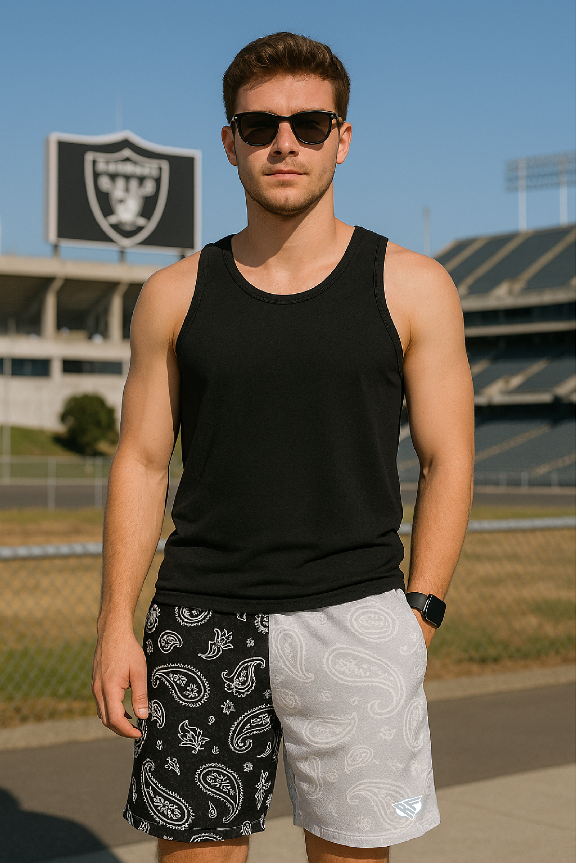 RF Mesh Split Paisley Shorts - Black/Silver/White - RFwear - Front