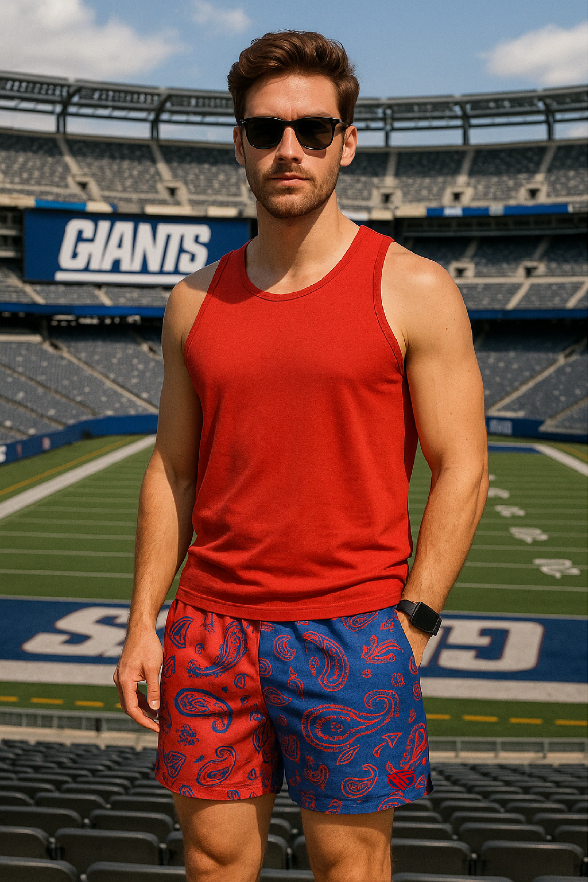 RF Mesh Split Paisley Shorts - Blue/Red - RFwear - Front