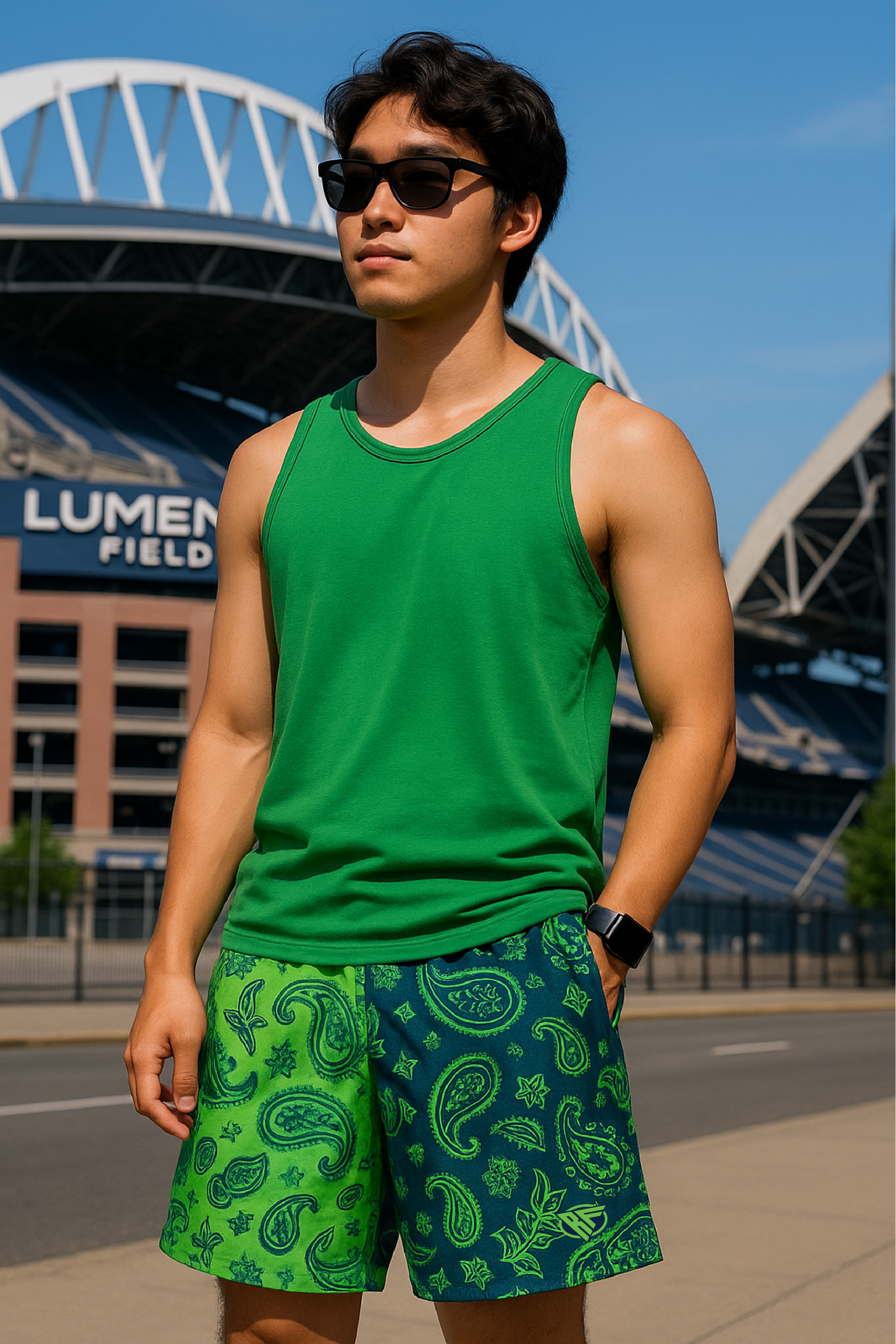 RF Mesh Split Paisley Shorts - Lime Green/Navy - RFwear - Front
