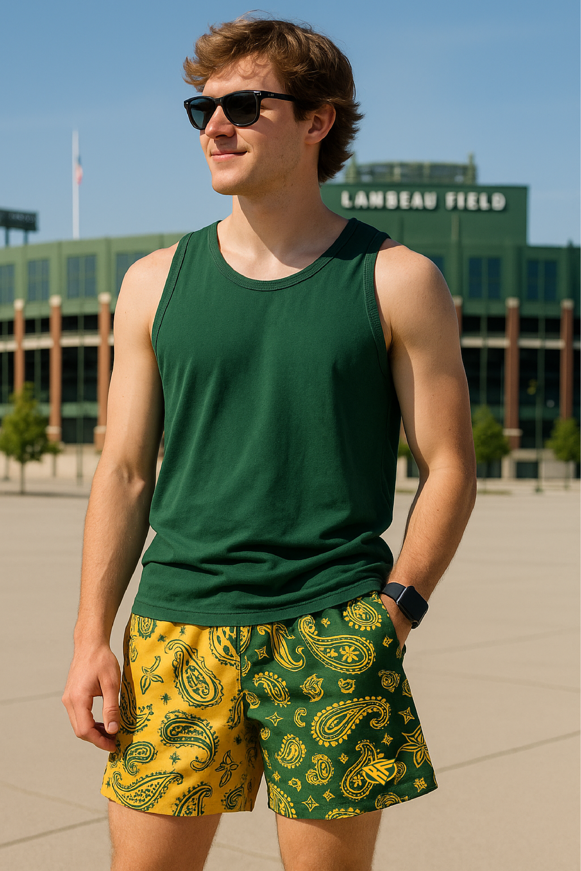 RF Mesh Split Paisley Shorts - Green/Gold - RFwear - Front
