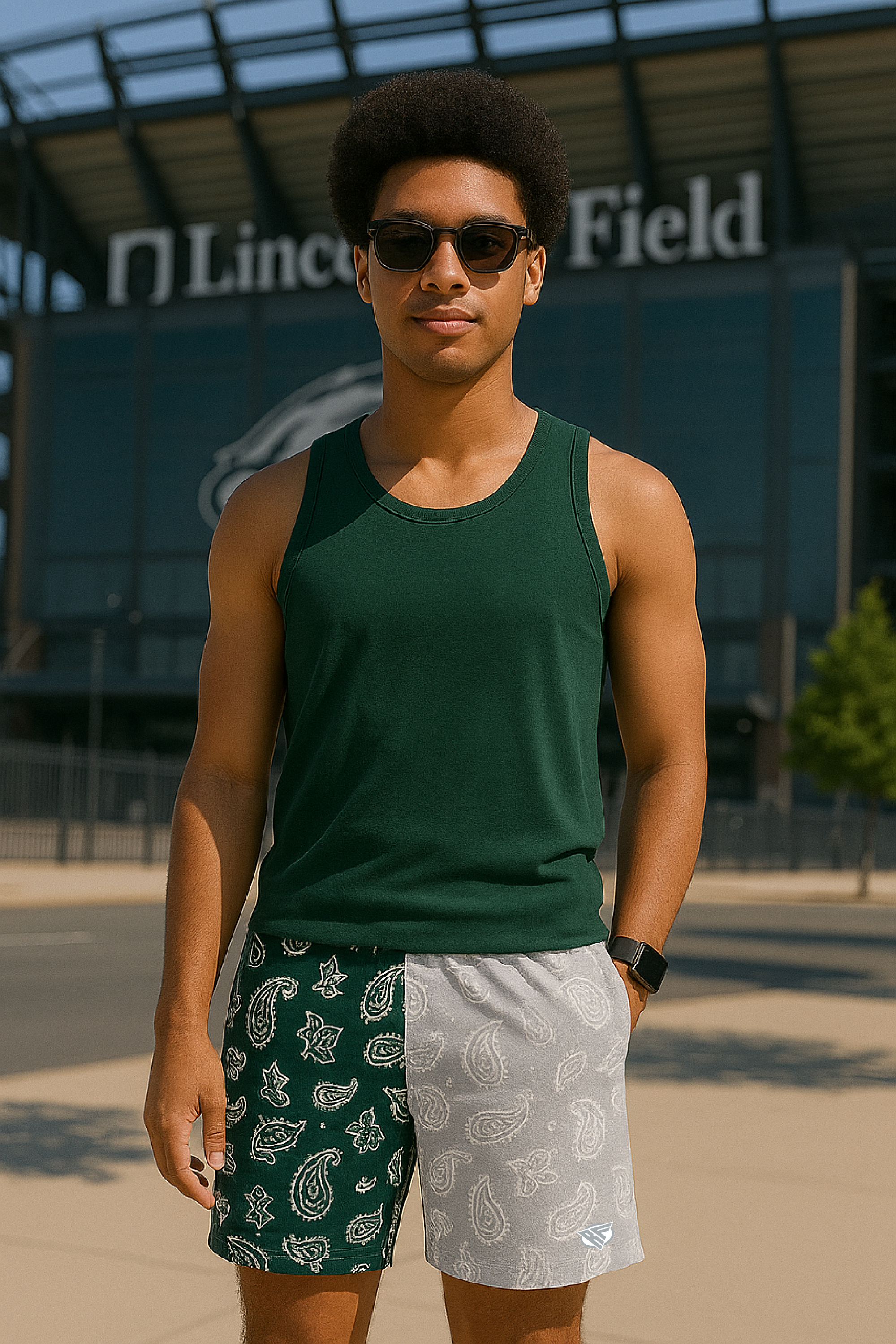 RF Men&#39;s Mesh Split Paisley Shorts - Green/Silver - Front