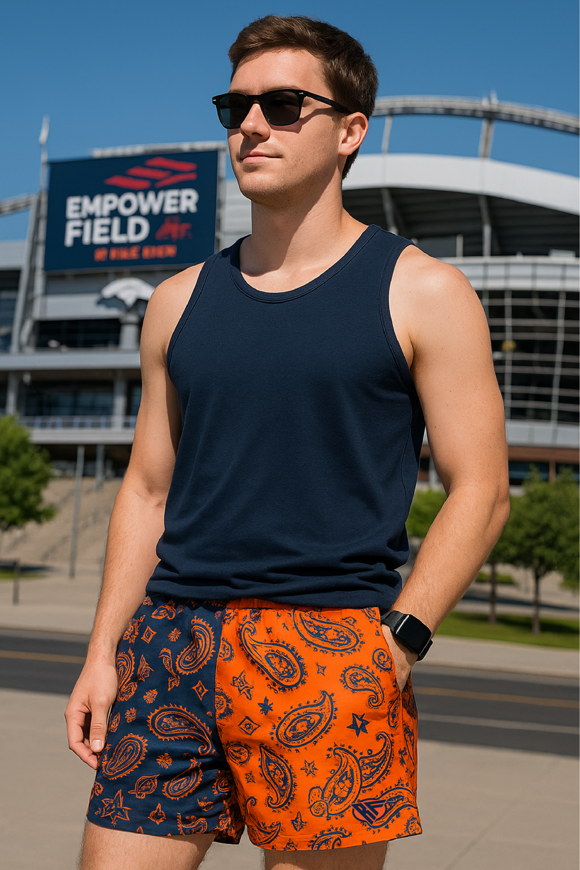 RF Mesh Split Paisley Shorts - Navy/Orange - RFwear - Front