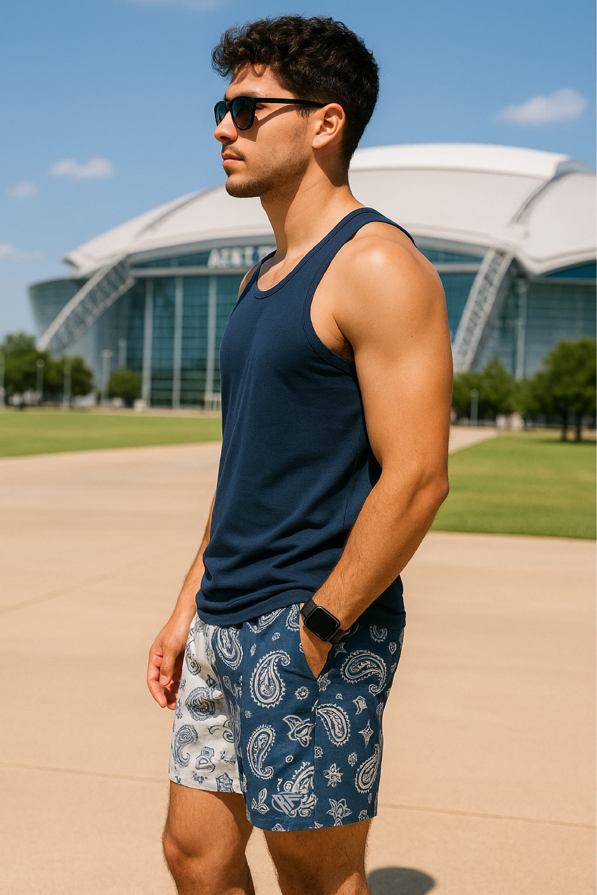 RF Mesh Split Paisley Shorts - Navy/Silver - RFwear - Side