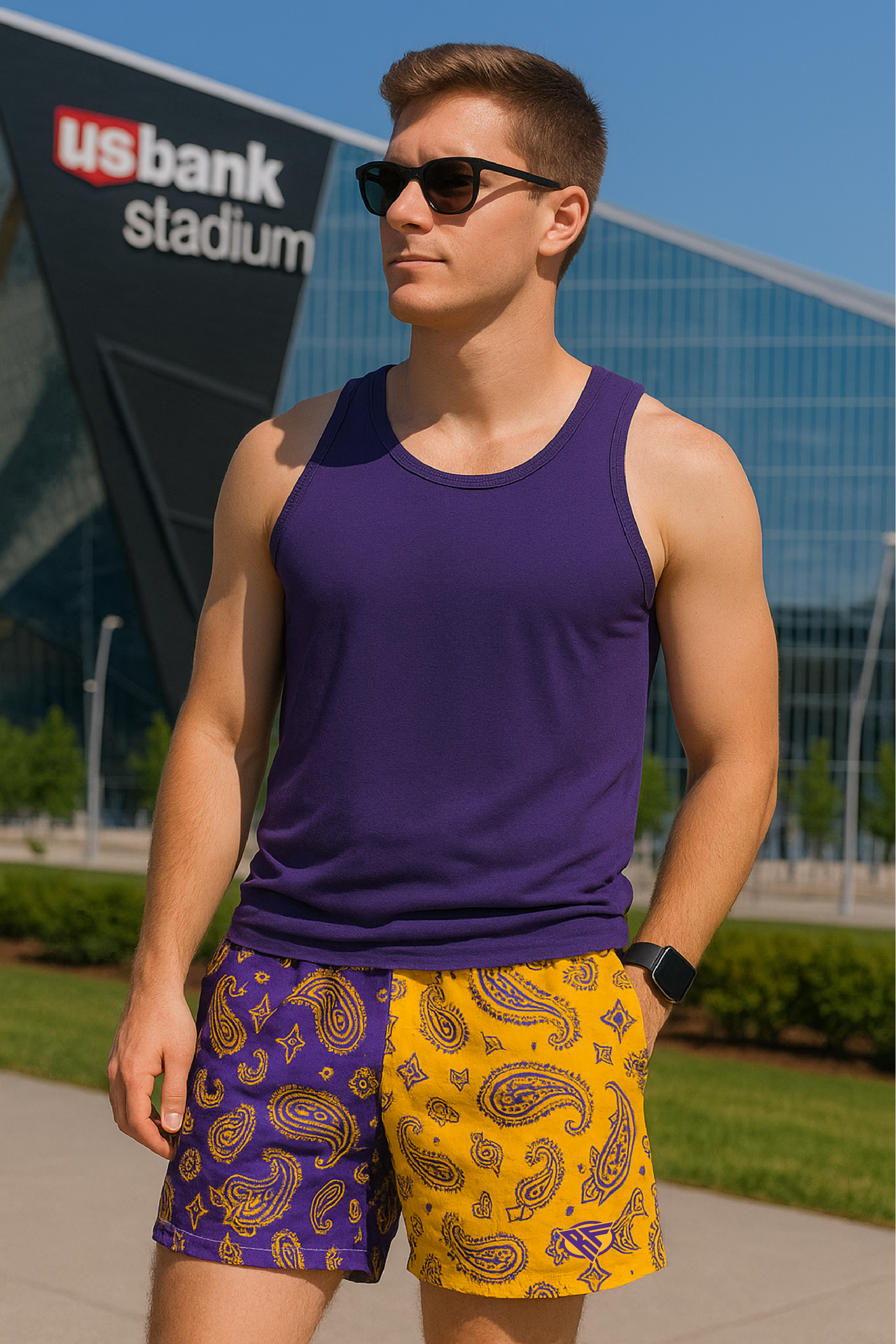 RF Mesh Split Paisley Shorts - Purple/Gold - RFwear - Front
