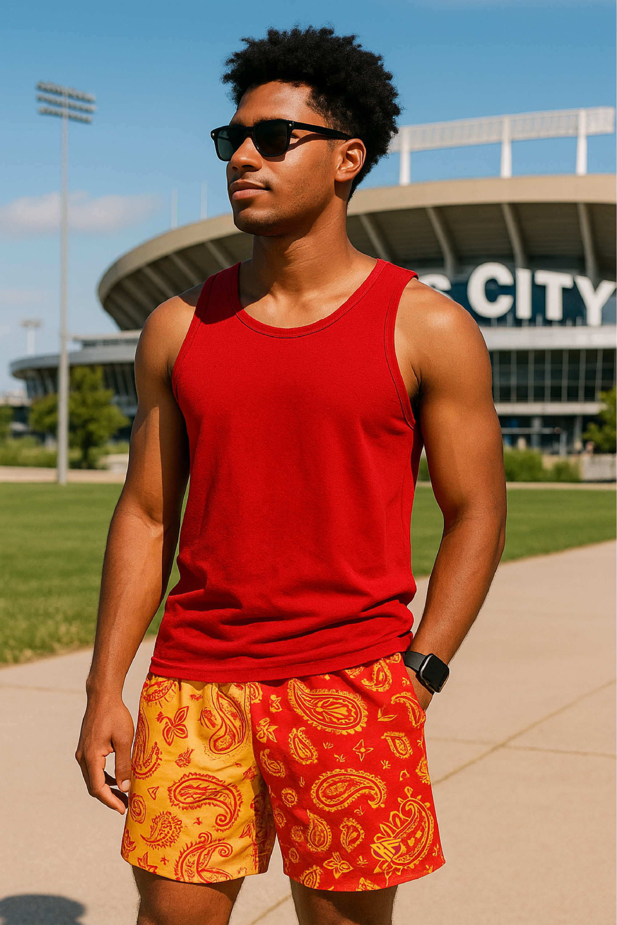 RF Wear Men&#39;s Mesh Split Paisley Shorts - Red/Gold - Front