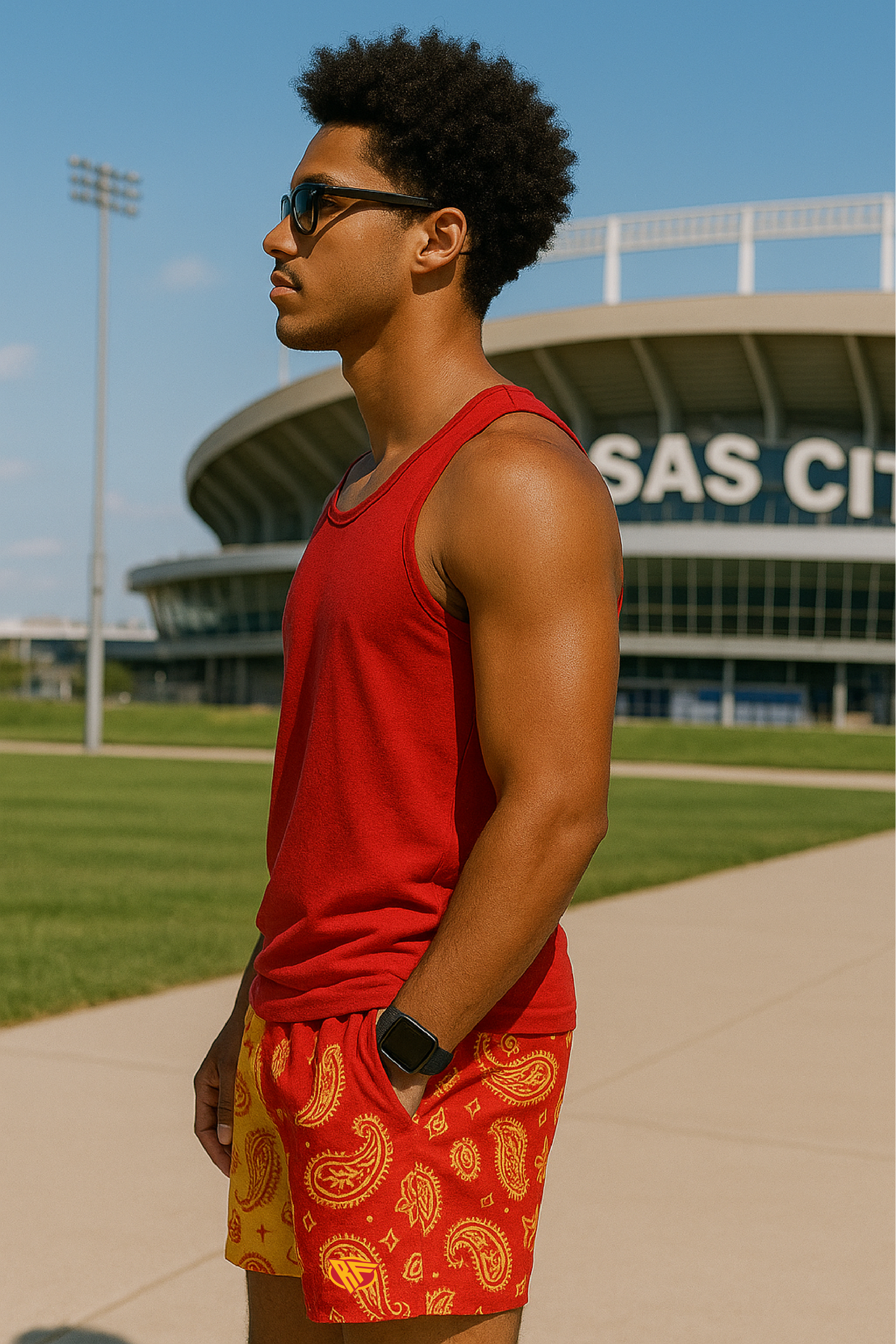 RF Wear Men&#39;s Mesh Split Paisley Shorts - Red/Gold - Side