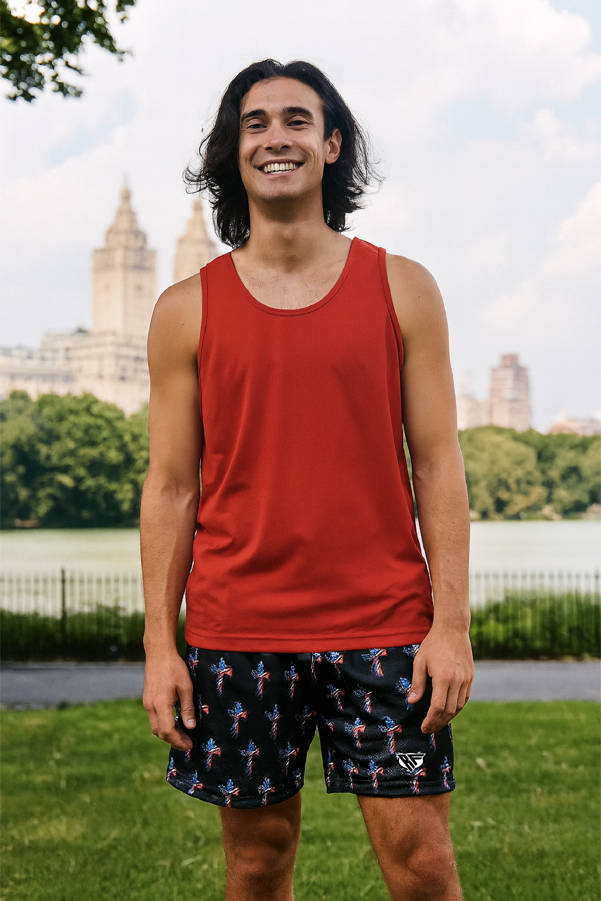 RF Wear Men's Mesh Patriotic Cross Shorts - Black Red/White/Blue - Model Front View