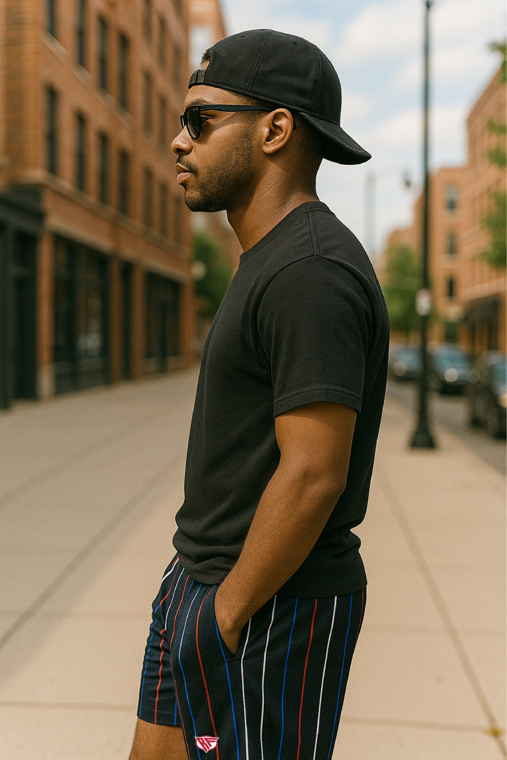 RF Wear Men&#39;s Mesh Pinstripe Shorts - Black/White/Blue/Red  - Model Side View