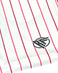 Close-up of Men's RF-Wear Mesh Pinstripe Short - Pink on White with RF logo
