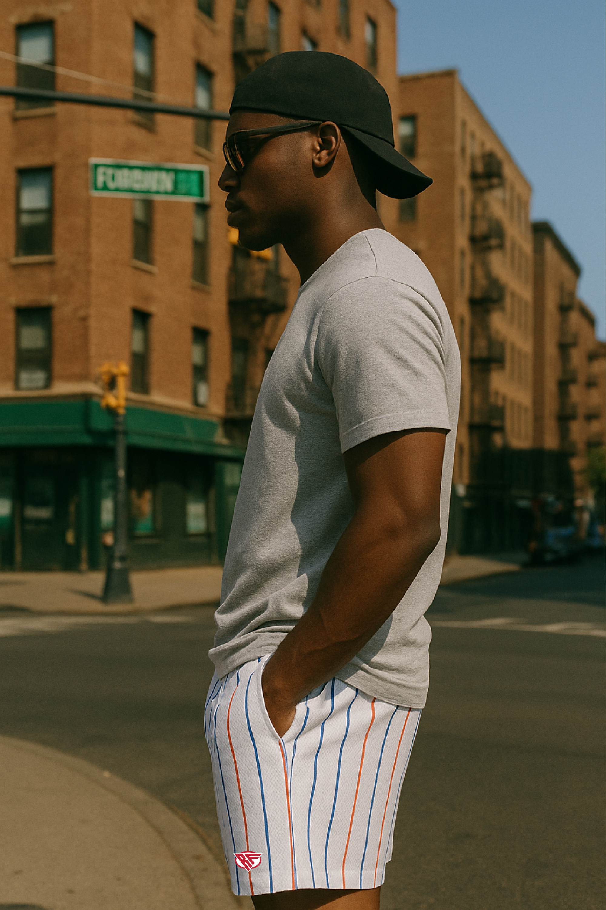 RF Wear Men's Mesh Pinstripe Shorts - White/Blue/Red - Model Side View