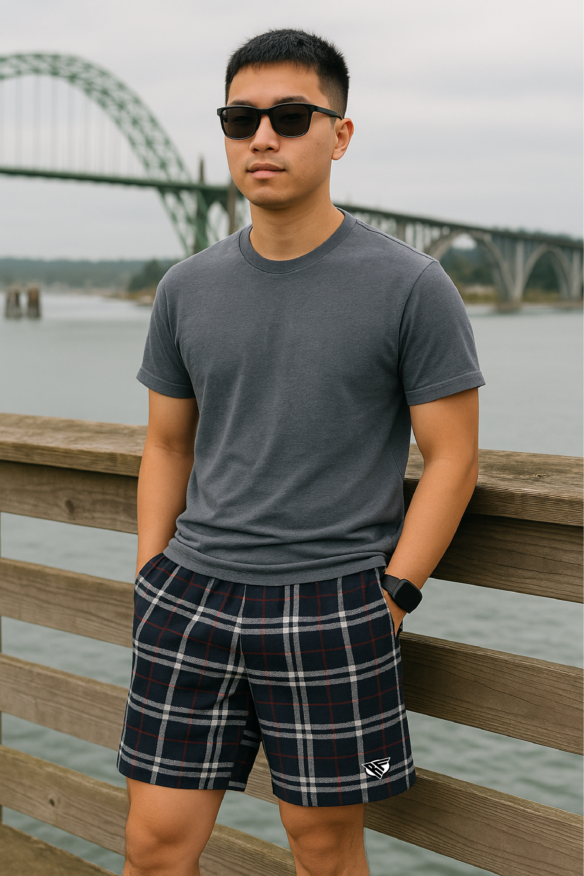 RF Wear Men's Mesh Tartan Plaid Shorts - Navy - Model Front View