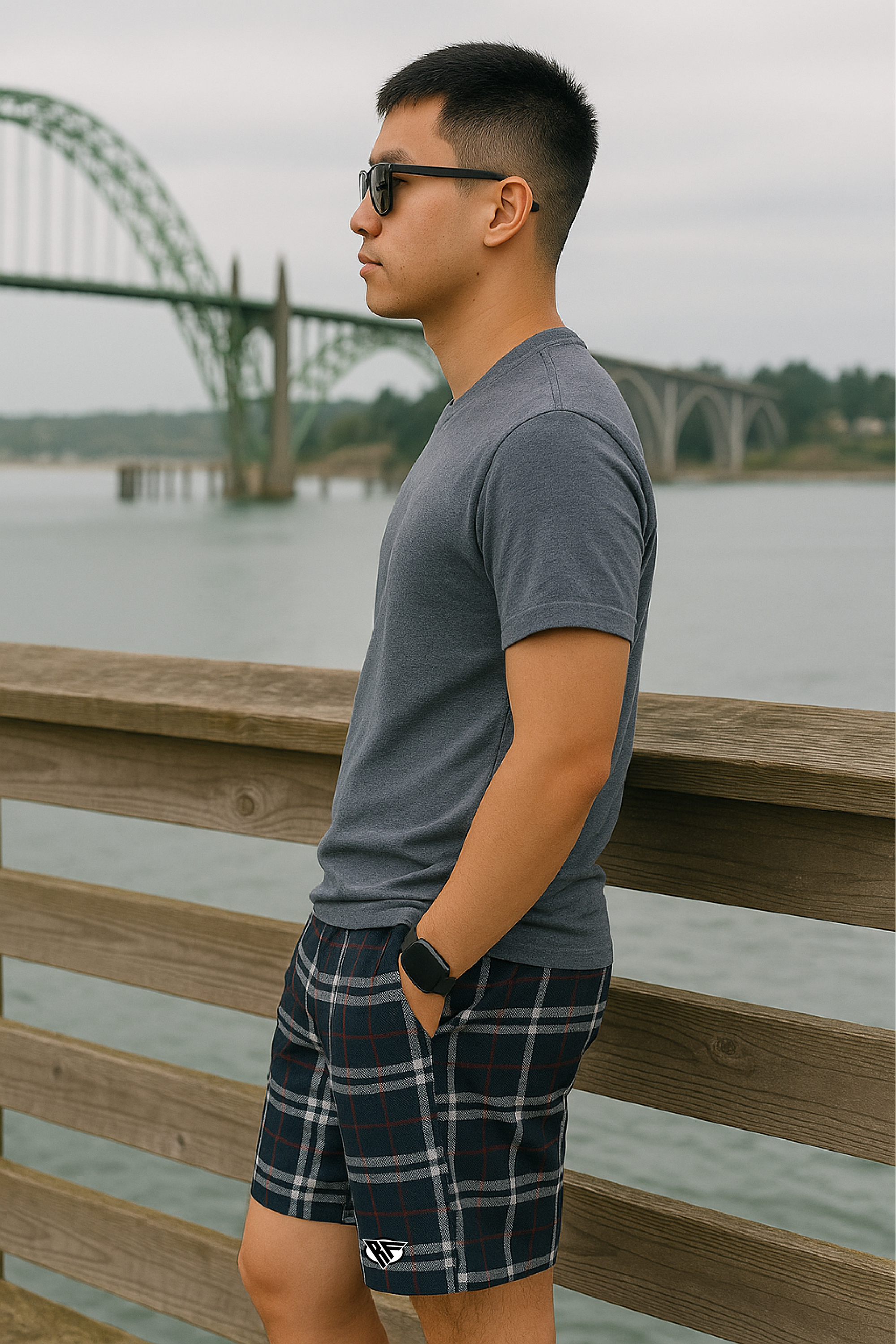 RF Wear Men's Mesh Tartan Plaid Shorts - Navy - Model Side View