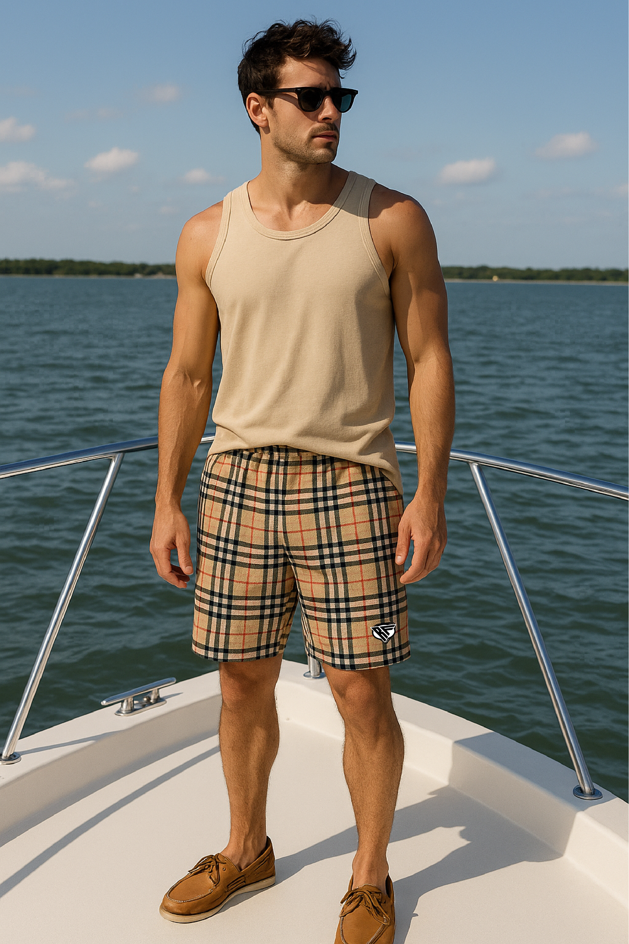 RF Wear Men's Mesh Tartan Plaid Shorts - Tan/Black - Model Front View