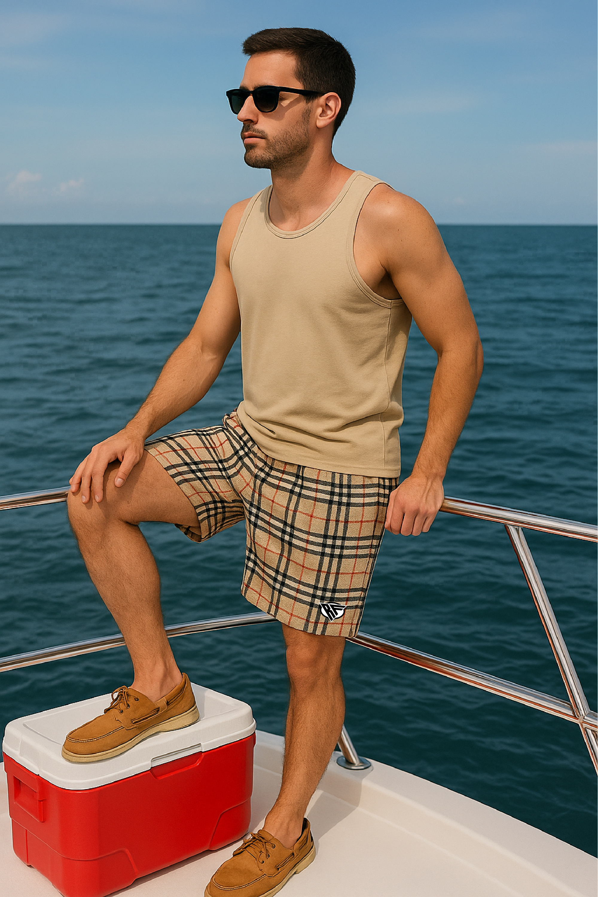 RF Wear Men's Mesh Tartan Plaid Shorts - Tan/Black - Model Side View