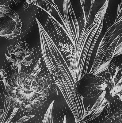 Close-up of a black and white botanical illustration on a textured surface.