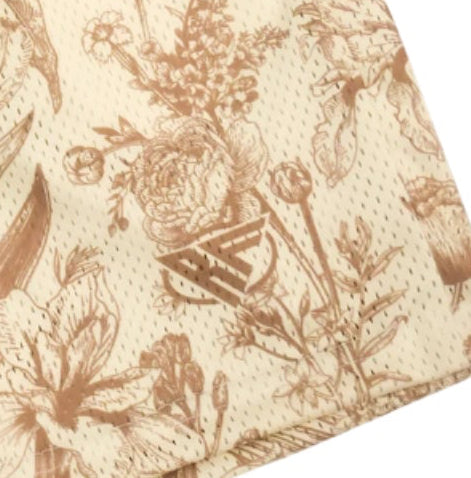Fabric with floral porcelain  pattern on a beige background with brand logo