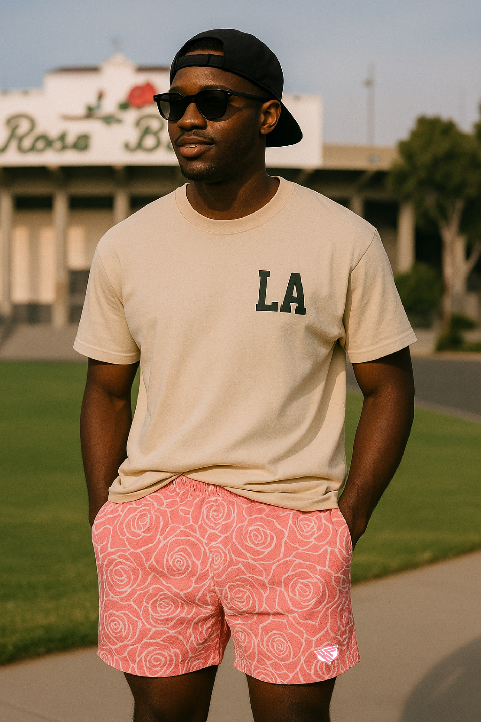 RF Wear Men's Mesh Floral Rose Shorts - Pink - Model Front View