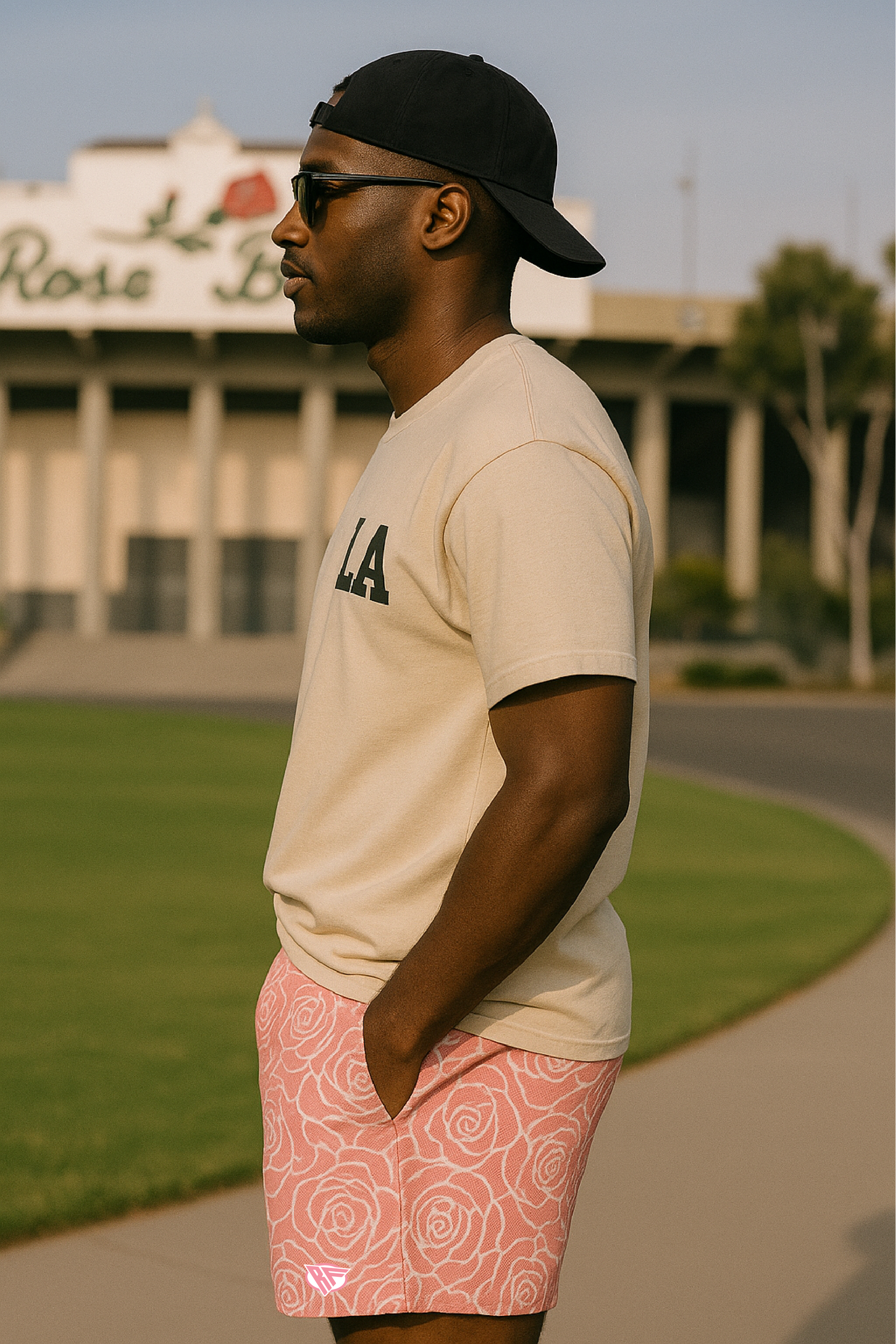 RF Wear Men's Mesh Floral Rose Shorts - Pink - Model Side View