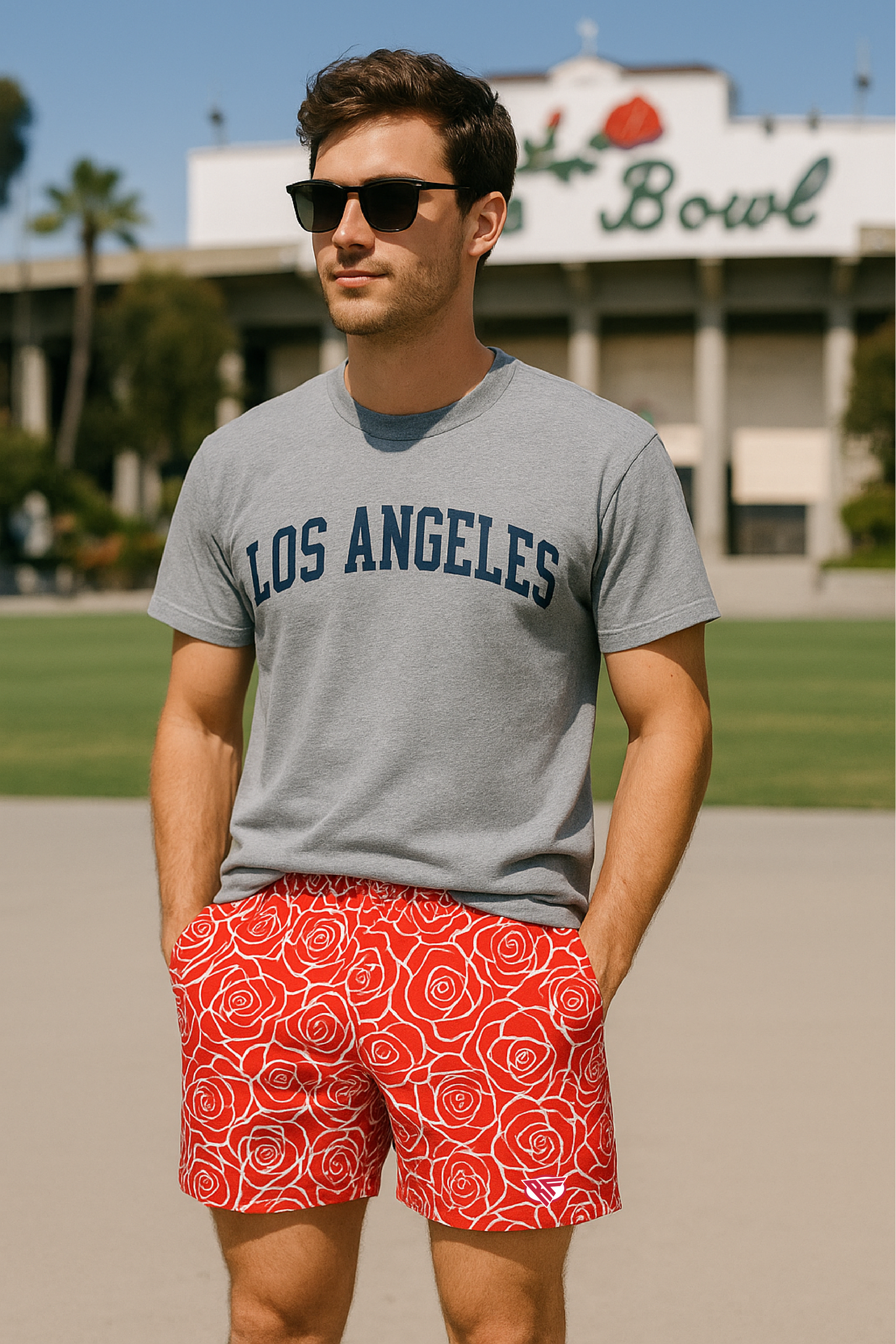 RF Wear Men's Mesh Floral Rose Shorts - Red - Model Front View