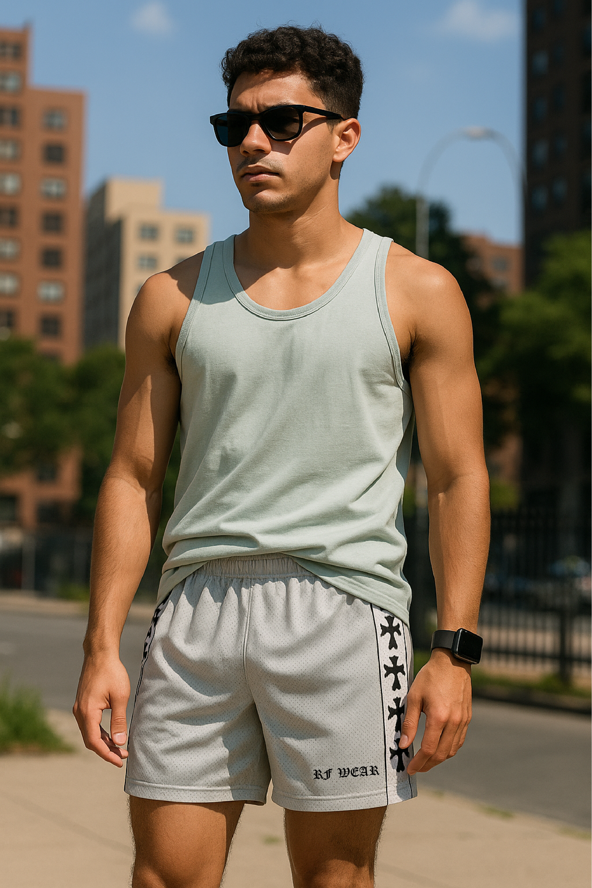 RF Wear Men's Mesh Cross Trim Shorts - Grey - Model Front View