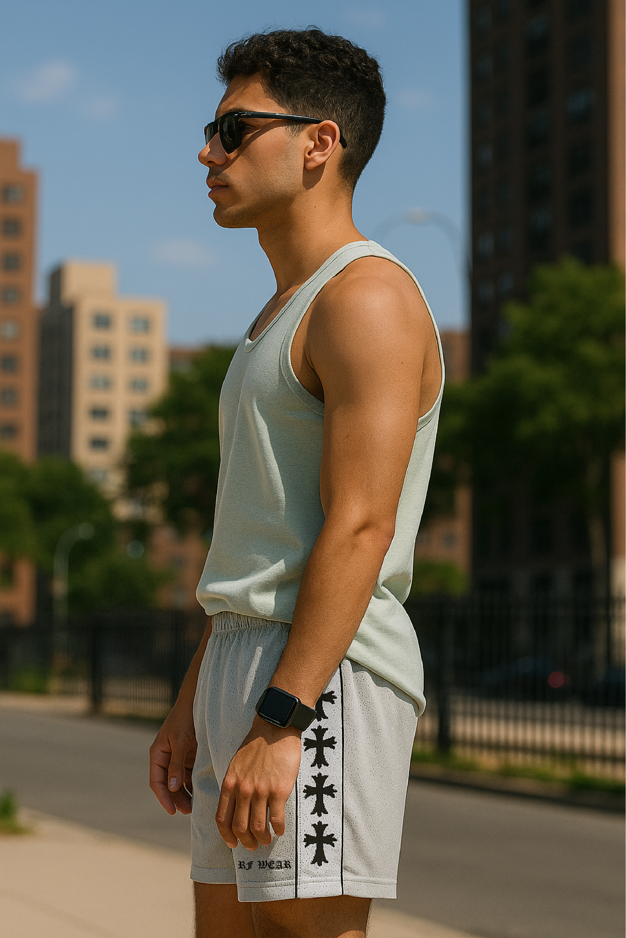 RF Wear Men's Mesh Cross Trim Shorts - Grey - Model Side View