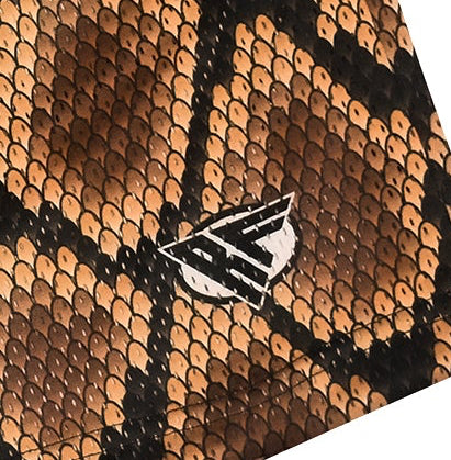 Close-up of RF-Wear Men's Snakeskin Shorts in Brown with RF logo