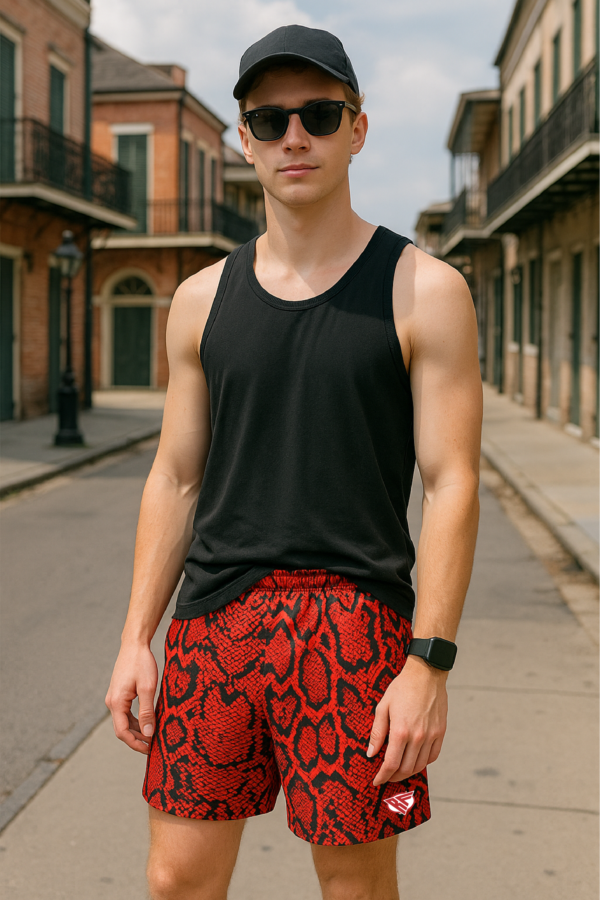RF Wear Men's Mesh Snakeskin Shorts - Red - Model Front View