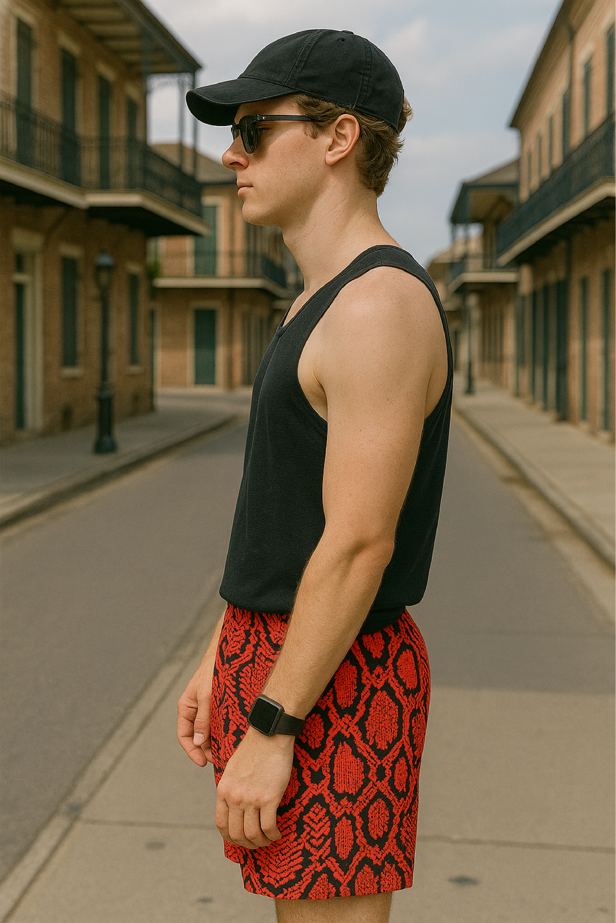 RF Wear Men's Mesh Snakeskin Shorts - Red - Model Side View