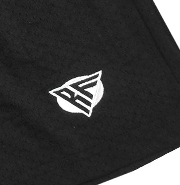 Close-up of RF-Wear men's mesh solid color shorts in black with RF logo