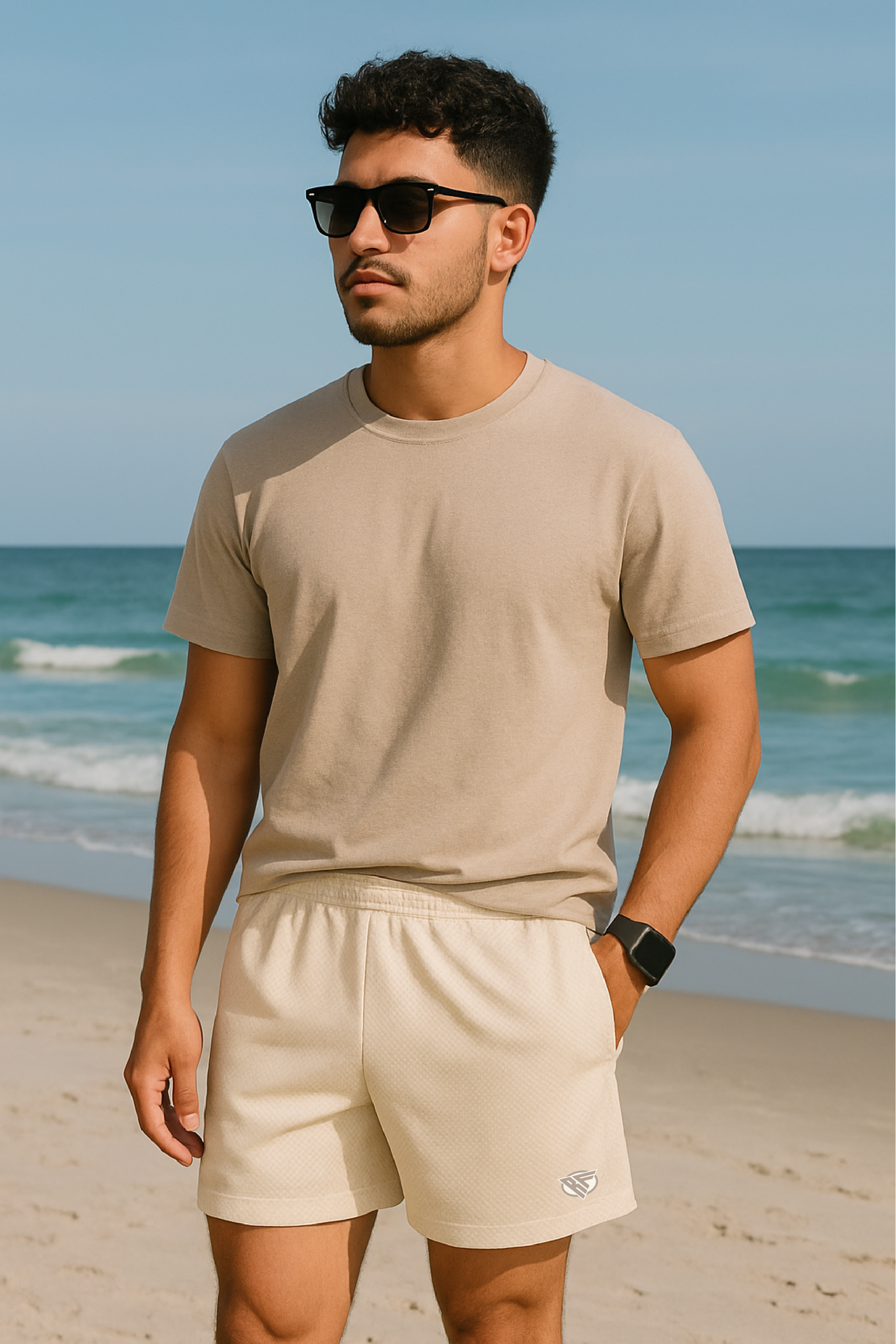 RF Wear Men's Mesh Solid Color Shorts - Cream - Model Front View