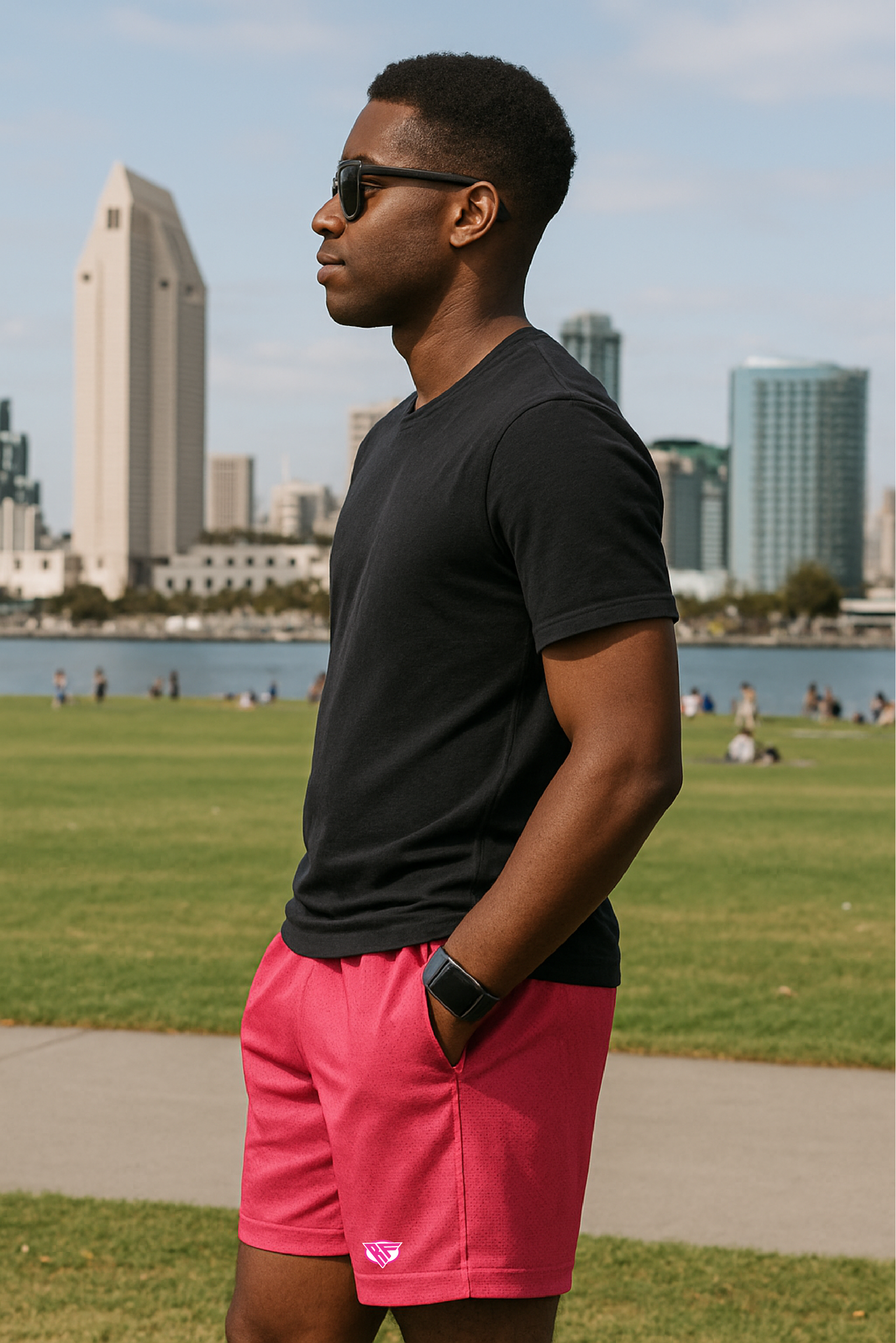 RF Wear Men's Mesh Solid Color Shorts - Fuchsia - Model Side View
