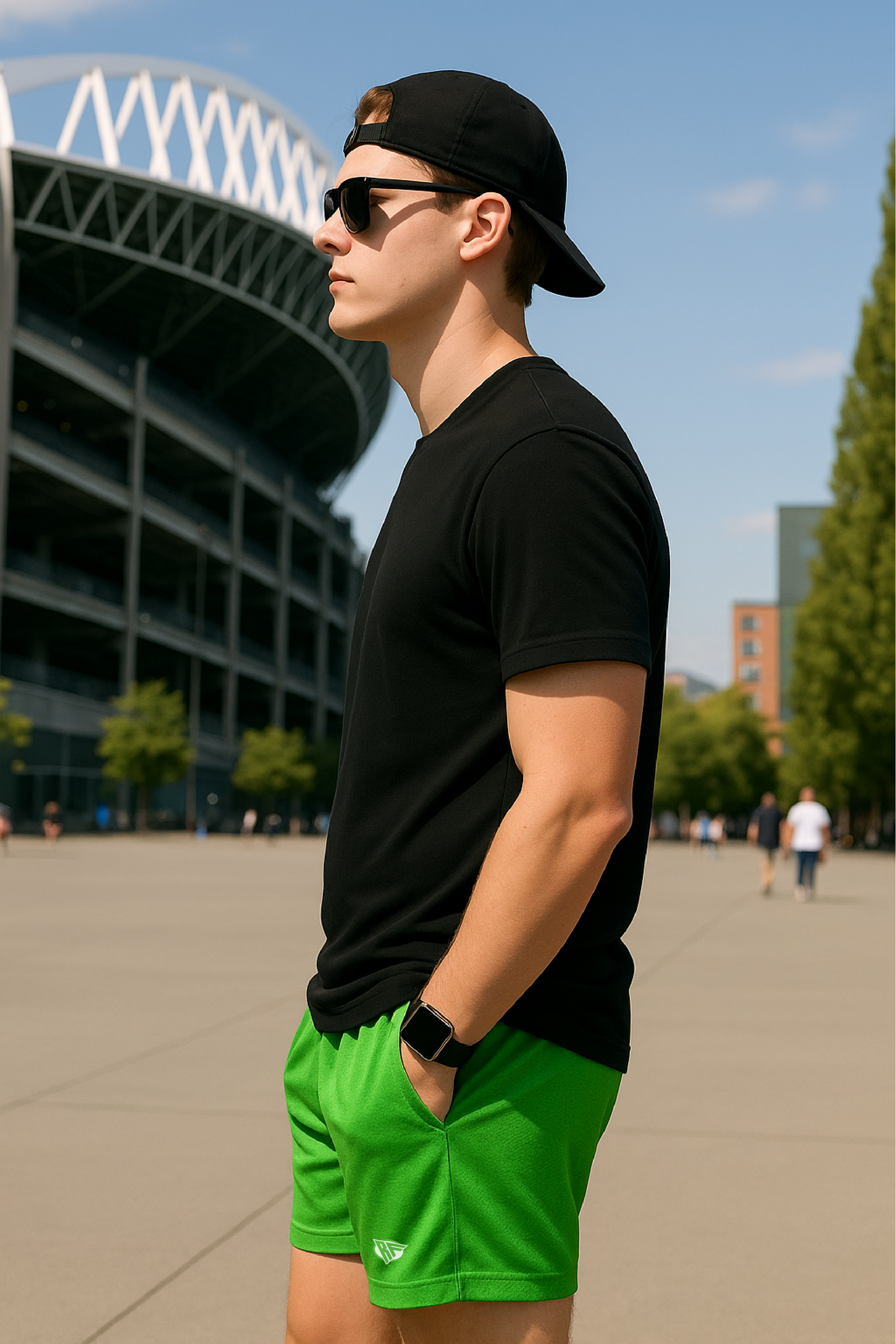 RF Wear Men's Mesh Solid Color Shorts - Lime Green - Model Side View
