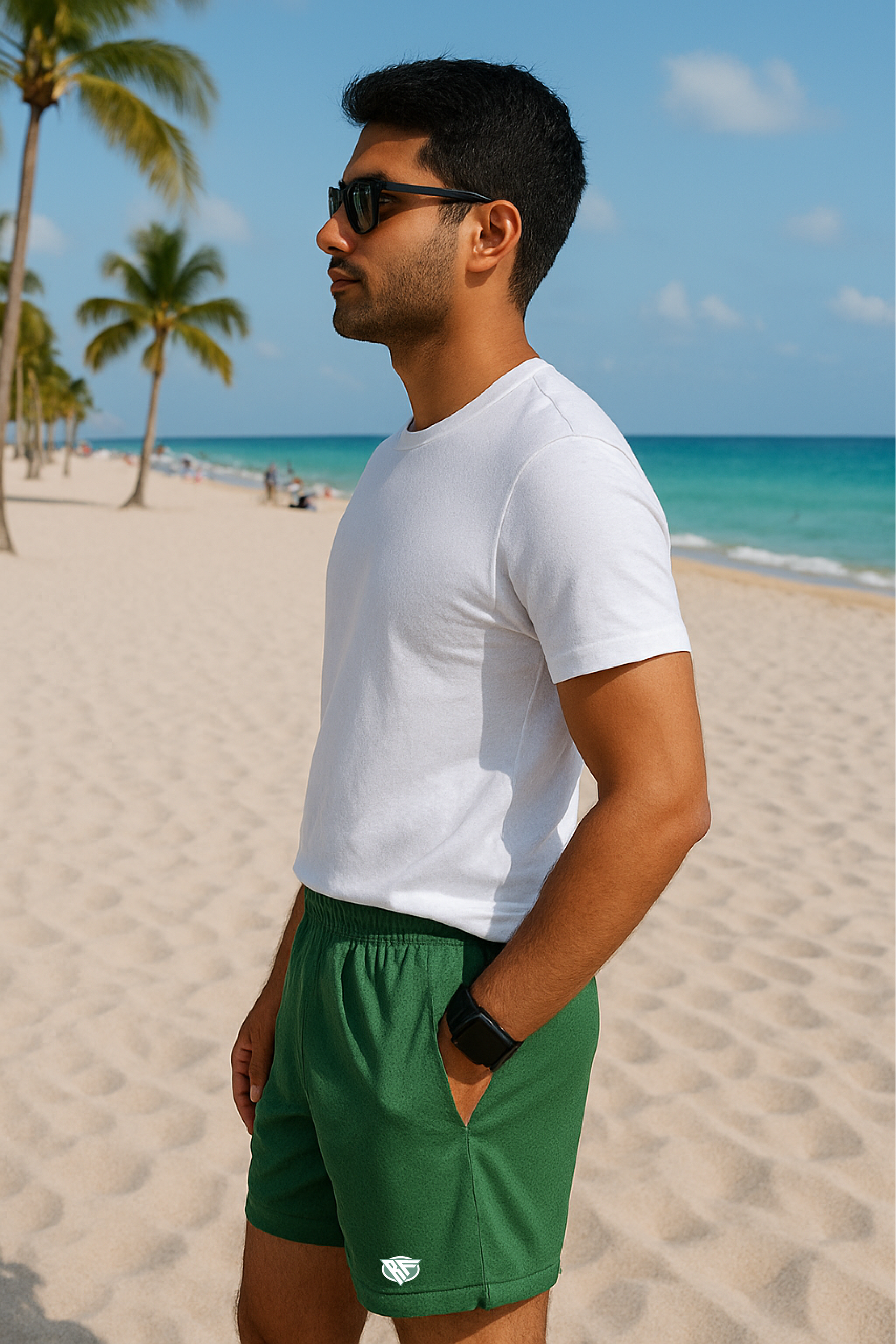 RF Wear Men&#39;s Mesh Solid Color Shorts - Military-Green - Model Side View