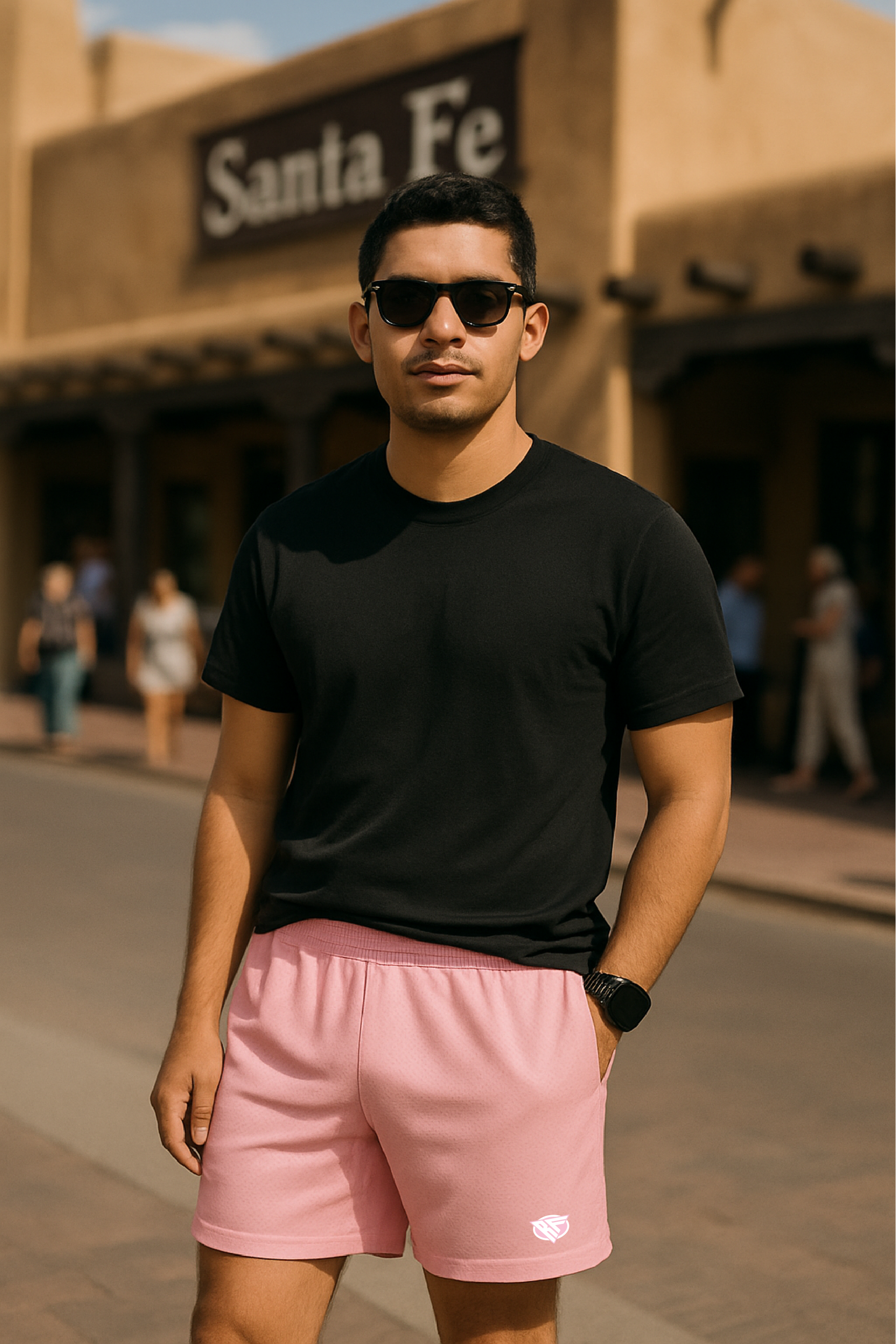 RF Wear Men's Mesh Solid Color Shorts - Pink - Model Front View